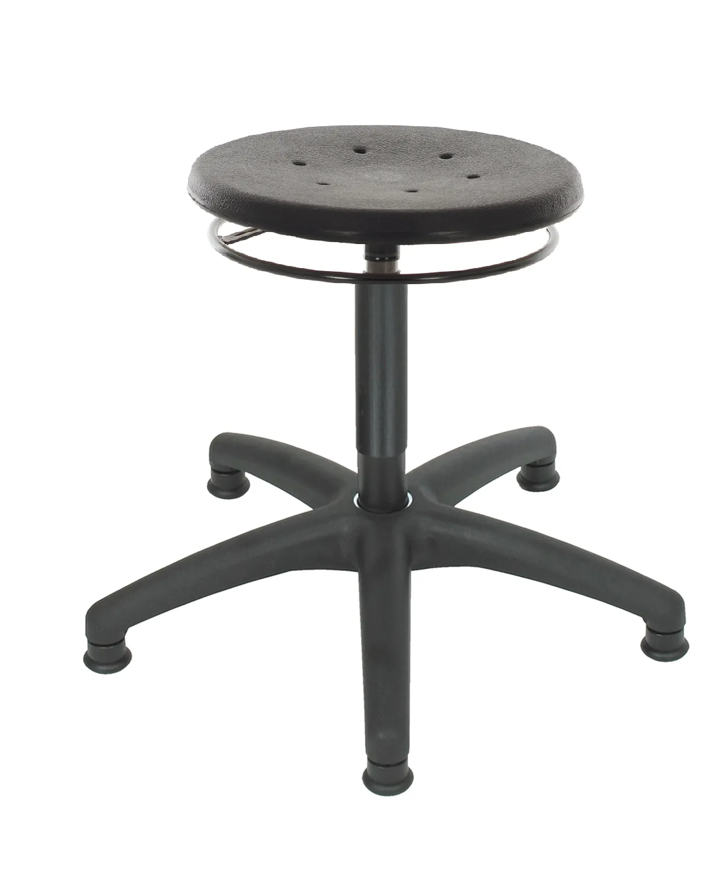 Drehhocker Atlanta | Sitzhöhe 40-59cm | Ø 63cm | Tragfähigkeit 110kg | Polyurethane-Sitz | Kunststof-Fußkreuz mit Gleiter | Ringauslösung | Schwarz