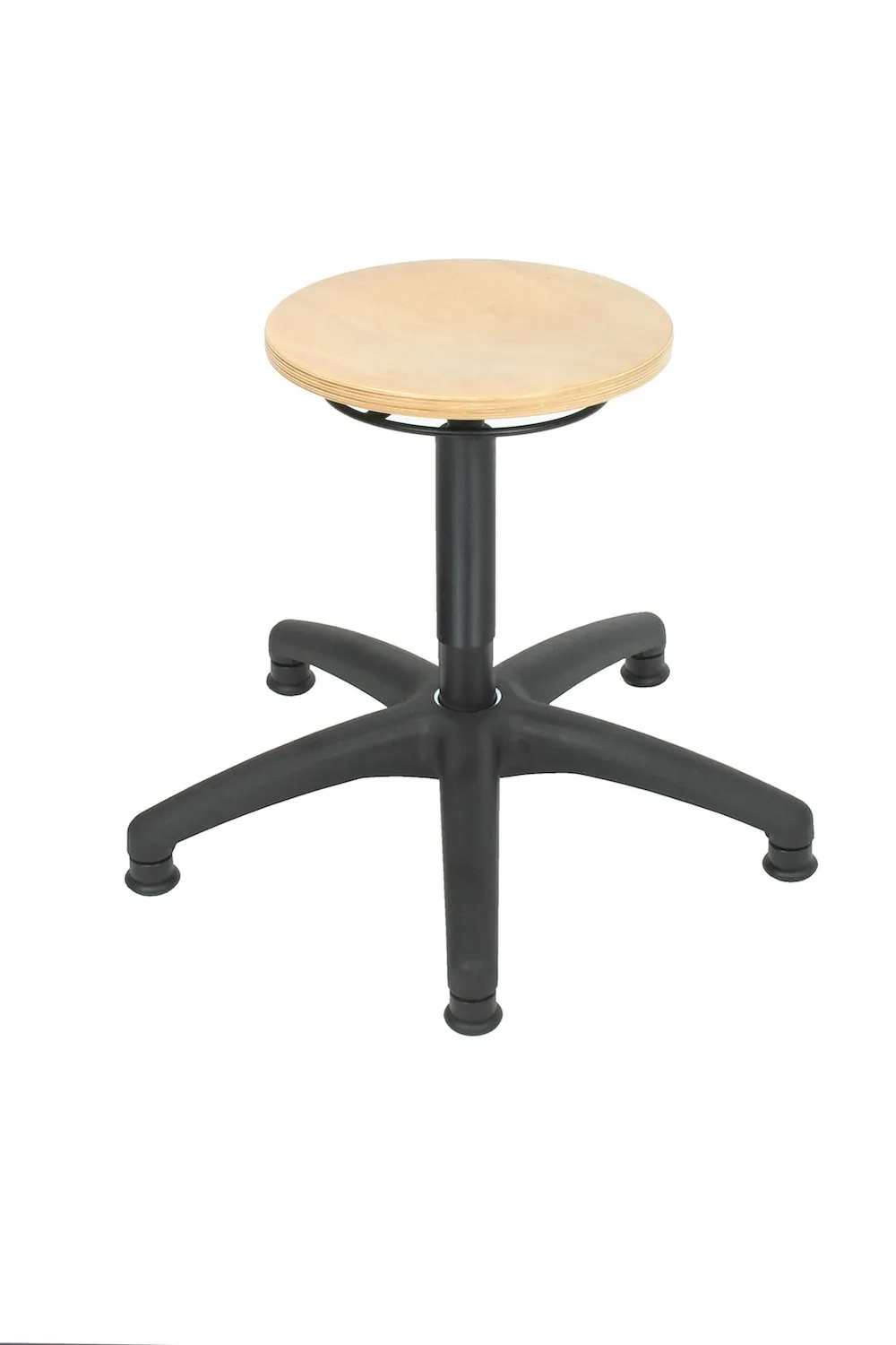 Drehhocker Atlanta | Sitzhöhe 41-60cm | Ø 63cm | Tragfähigkeit 110kg | Holz-Buche | Kunststof-Fußkreuz mit Gleiter | Ringauslösung | Buche