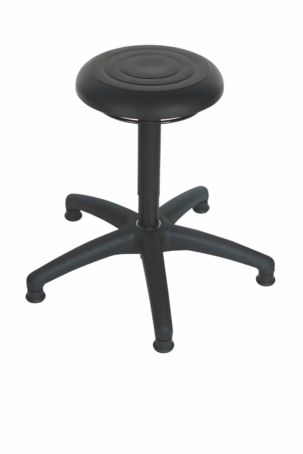 Drehhocker Atlanta | Sitzhöhe 42-61cm | Ø 63cm | Tragfähigkeit 110kg | Polyurethane-Soft Sitz | Kunststof-Fußkreuz mit Gleiter | Ringauslösung | Schwarz