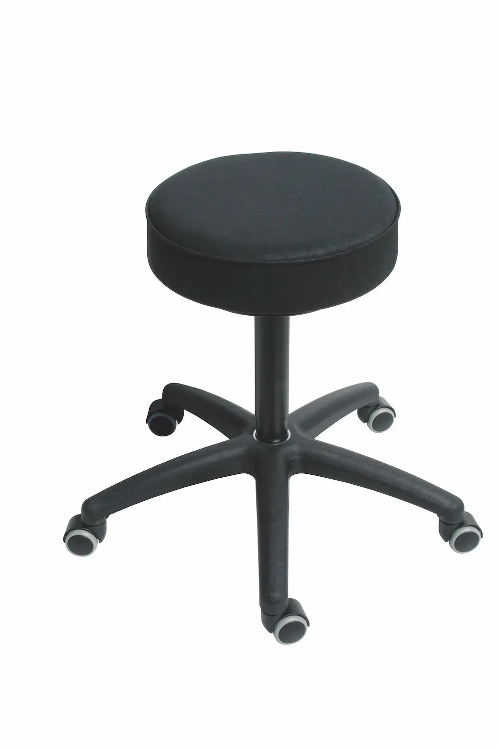 Drehhocker Indianapolis | Sitzhöhe 50-69cm | Ø 63cm | Tragfähigkeit 110kg | Kunstleder-Sitz | Kunststoff-Fußkreuz mit Rollen | Schwarz