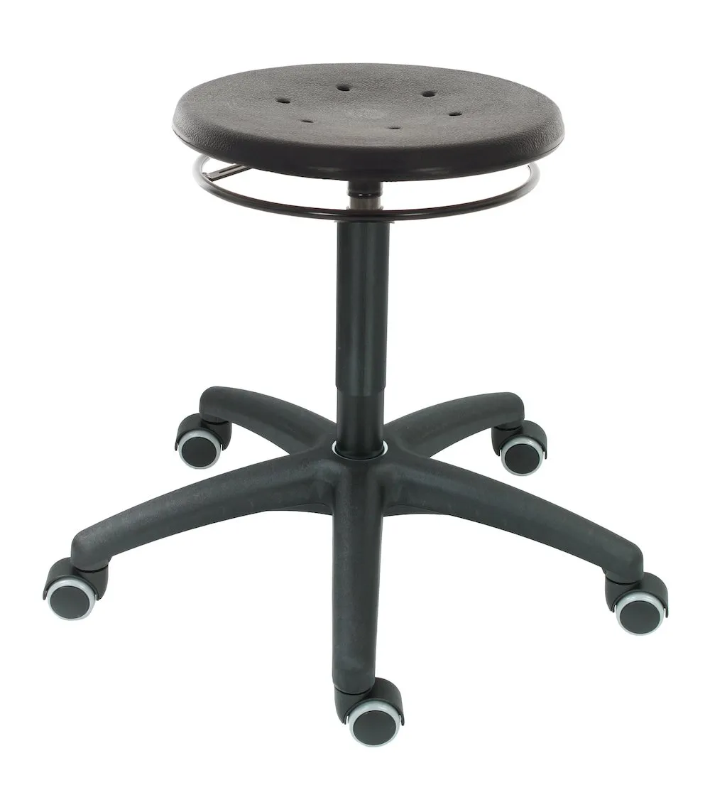Drehhocker Atlanta | Sitzhöhe 42-61cm | Ø 63cm | Tragfähigkeit 110kg | Polyurethane-Sitz | Kunststof-Fußkreuz mit Rollen | Ringauslösung | Schwarz