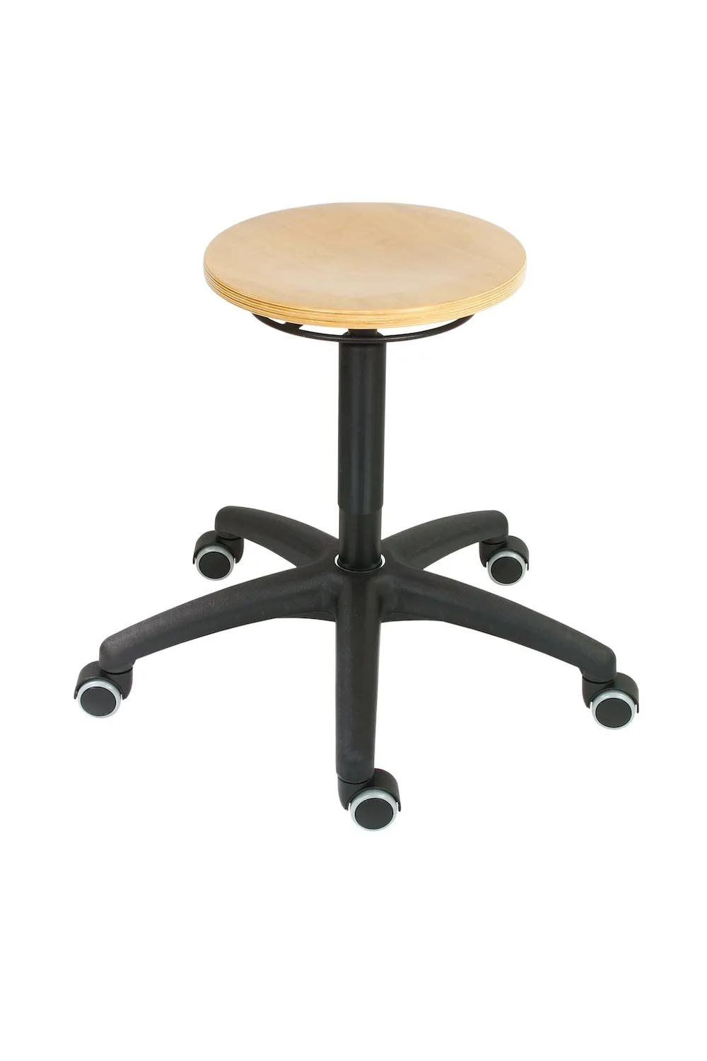 Drehhocker Atlanta | Sitzhöhe 43-62cm | Ø 63cm | Tragfähigkeit 110kg | Holz-Buche | Kunststof-Fußkreuz mit Rollen | Ringauslösung | Buche