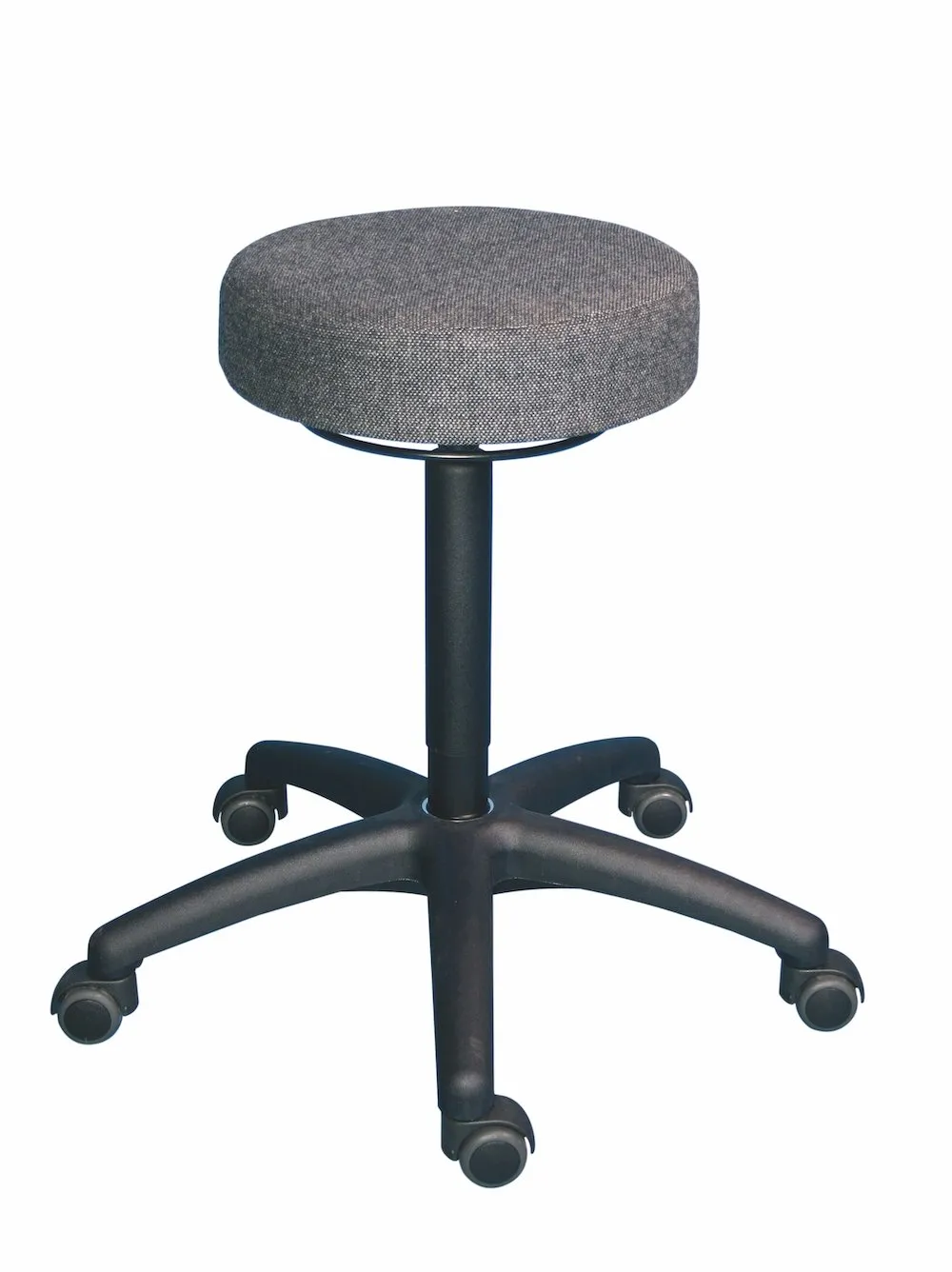 Drehhocker Atlanta | Sitzhöhe 51-70cm | Ø 63cm | Tragfähigkeit 110kg | Polstersitze | Kunststof-Fußkreuz mit Rollen | Ringauslösung | Anthrazit