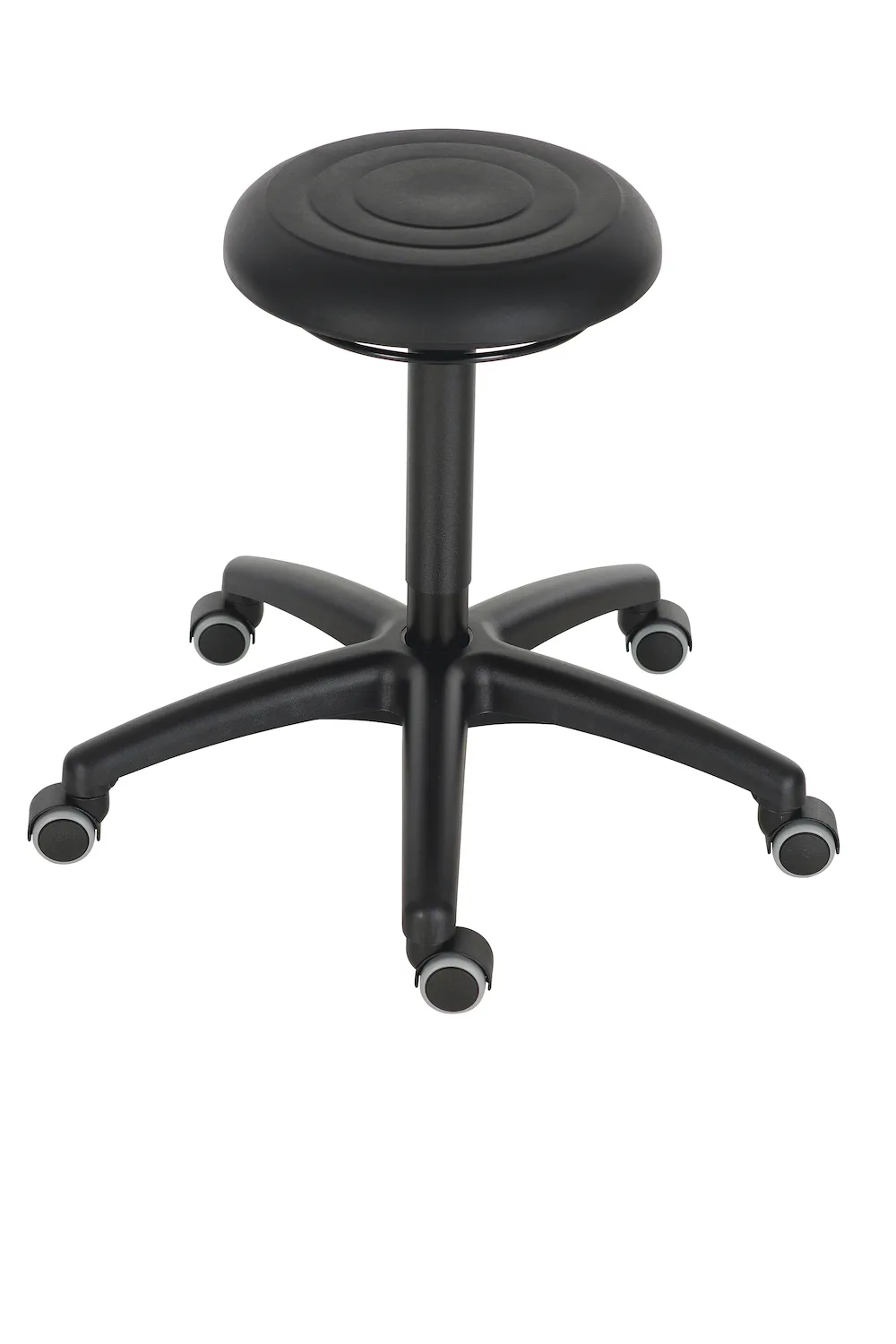 Drehhocker Atlanta | Sitzhöhe 44-63cm | Ø 63cm | Tragfähigkeit 110kg | Polyurethane-Soft Sitz | Kunststof-Fußkreuz mit Rollen | Ringauslösung | Schwarz