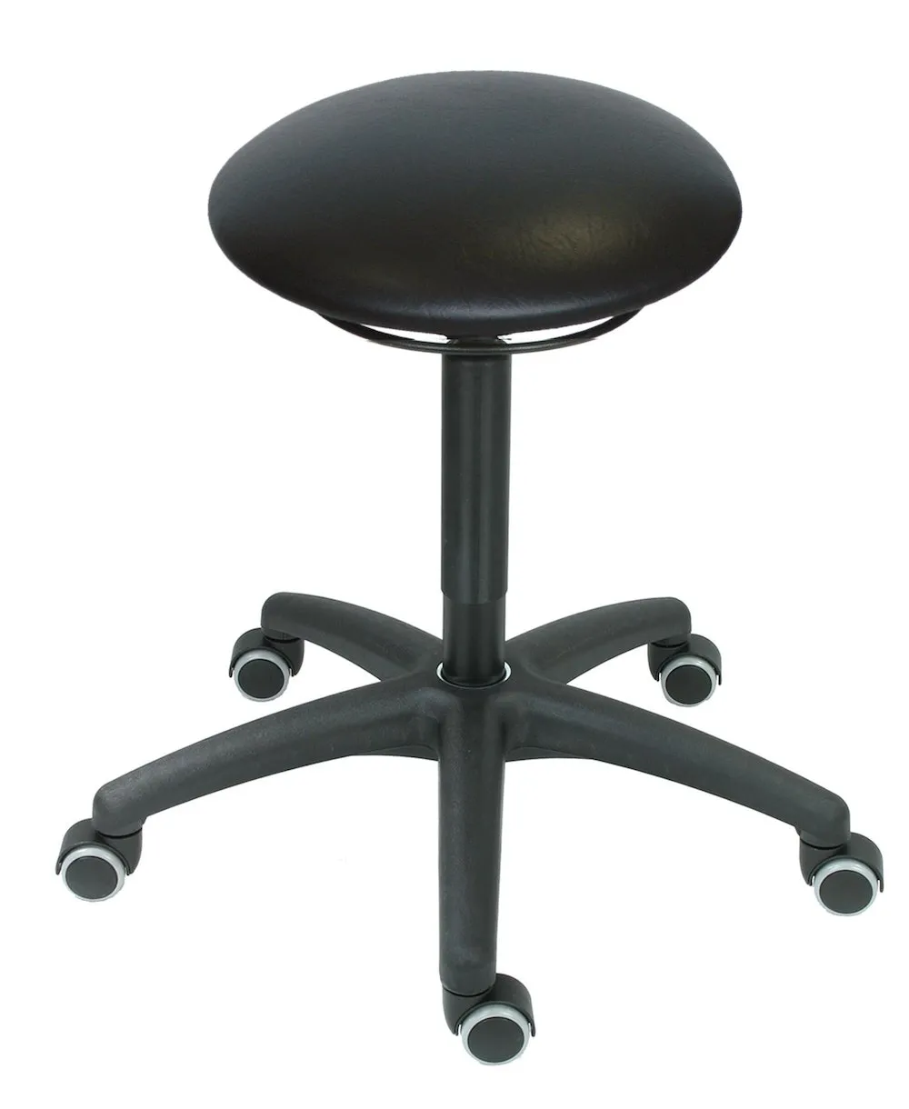 Drehhocker Atlanta | Sitzhöhe 51-70cm | Ø 63cm | Tragfähigkeit 110kg | Kunstleder-Sitz | Kunststof-Fußkreuz mit Rollen | Ringauslösung | Schwarz