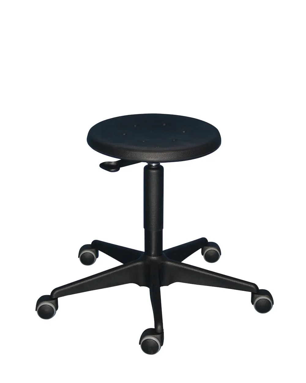 Drehhocker Atlanta | Sitzhöhe 40-53cm | Ø 59cm | Tragfähigkeit 110kg | Polyurethane-Sitz | Stahl-Fußkreuz mit Rollen | Hebelauslösung | Schwarz