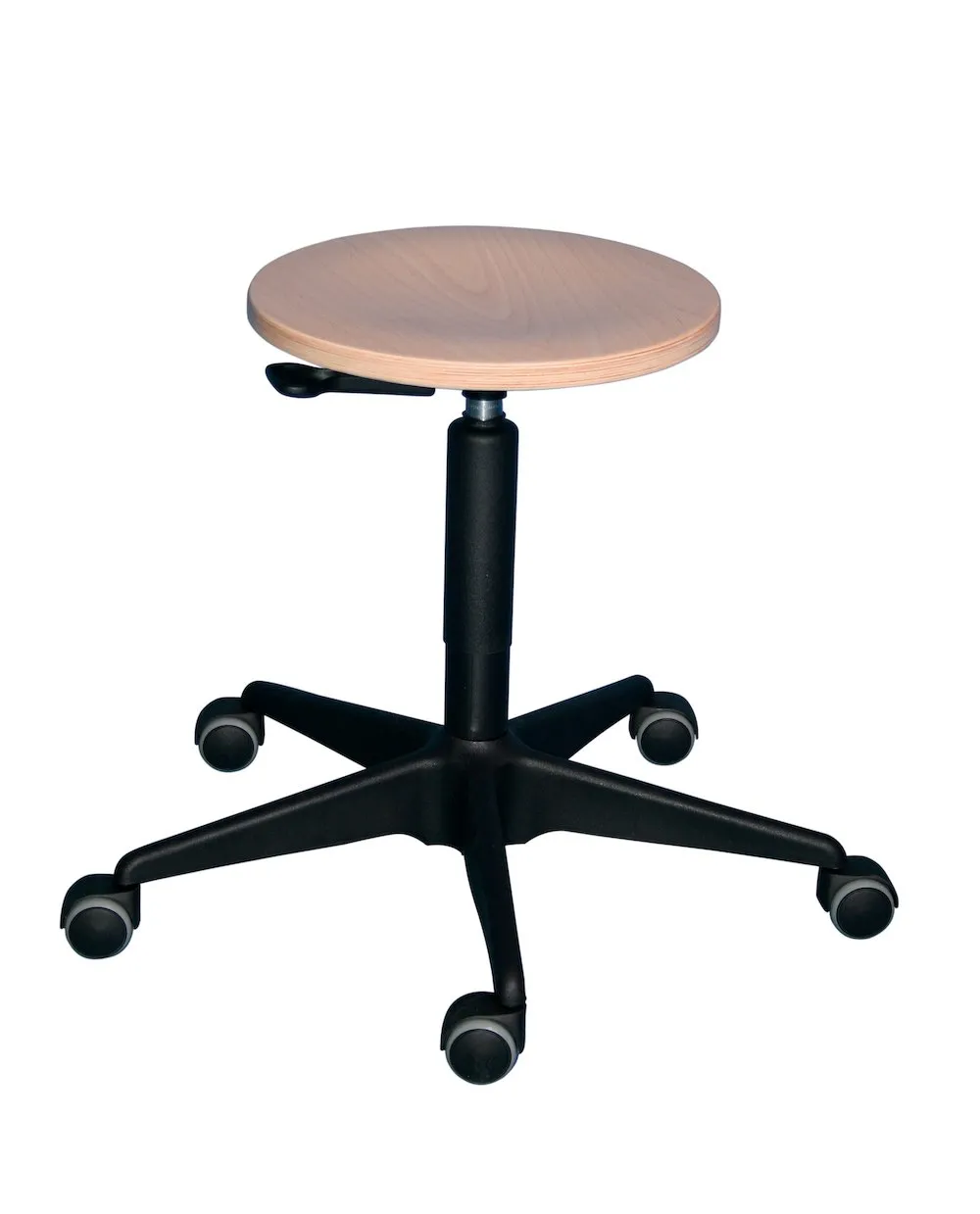 Drehhocker Atlanta | Sitzhöhe 49-62cm | Ø 59cm | Tragfähigkeit 110kg | Holz-Buche | Stahl-Fußkreuz mit Rollen | Hebelauslösung | Buche