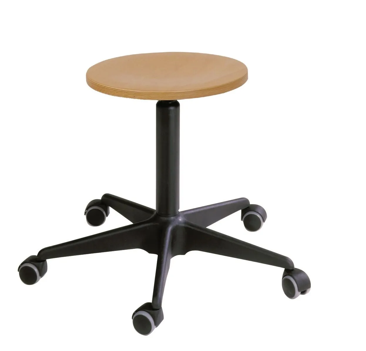 Drehspindel-Hocker Atlanta | Sitzhöhe 41-55cm | Ø 59cm | Tragfähigkeit 110kg | Holz-Buche | Stahl-Fußkreuz mit Rollen | Buche