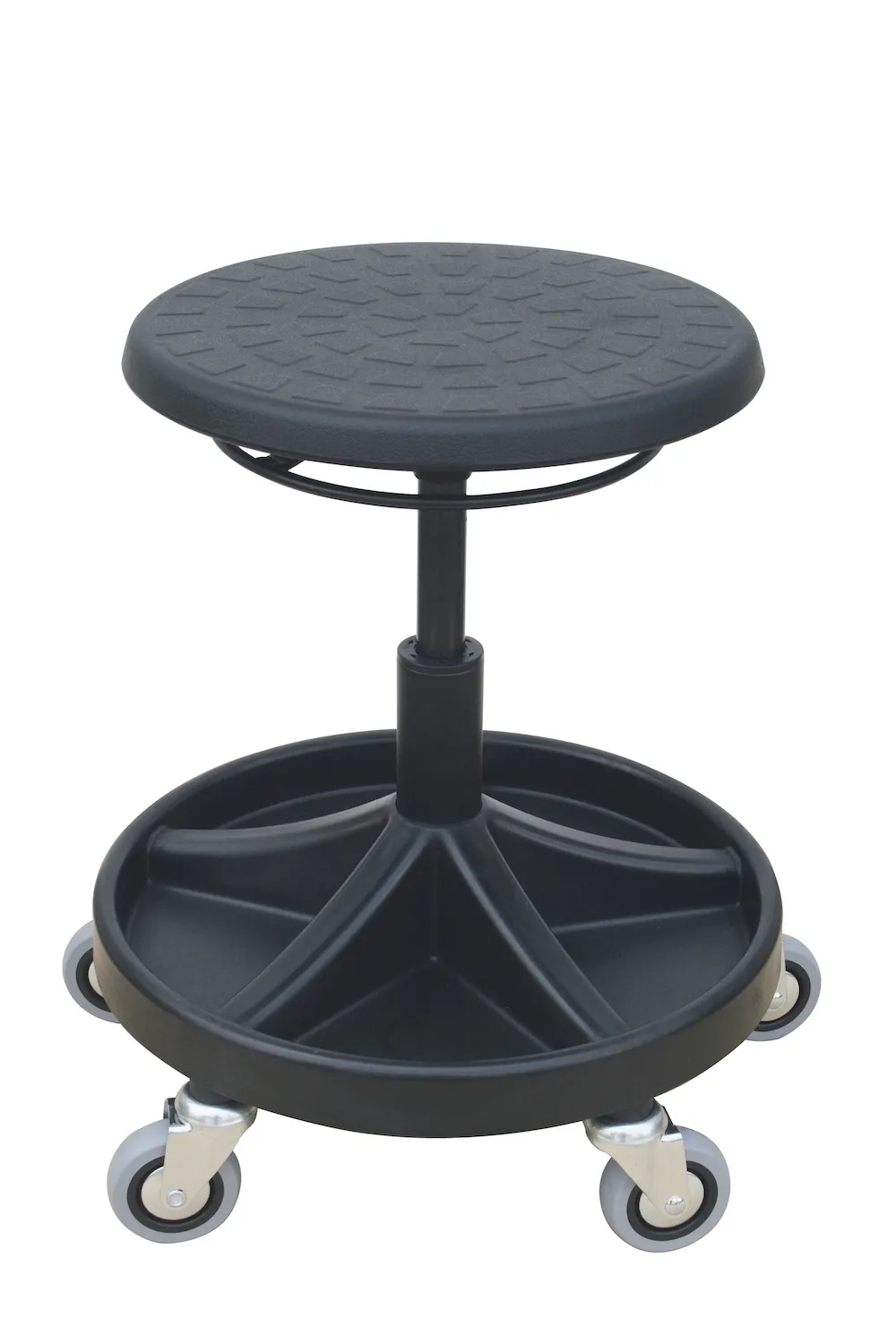 Drehhocker Atlanta | Sitzhöhe 40-53cm | Ø 63cm | Tragfähigkeit 110kg | Polyurethane-Sitz | Kunststof-Fußkreuz mit Ablageschale & Rollen | Ringauslösung | Schwarz