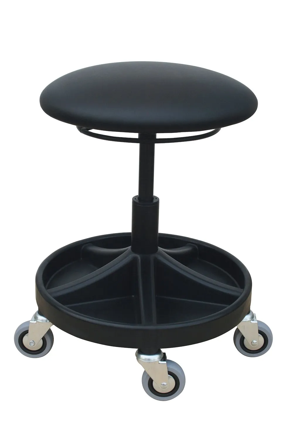 Drehhocker Atlanta | Sitzhöhe 49-62cm | Ø 63cm | Tragfähigkeit 110kg | Kunstleder-Sitz | Kunststof-Fußkreuz mit Ablageschale & Rollen | Ringauslösung | Schwarz