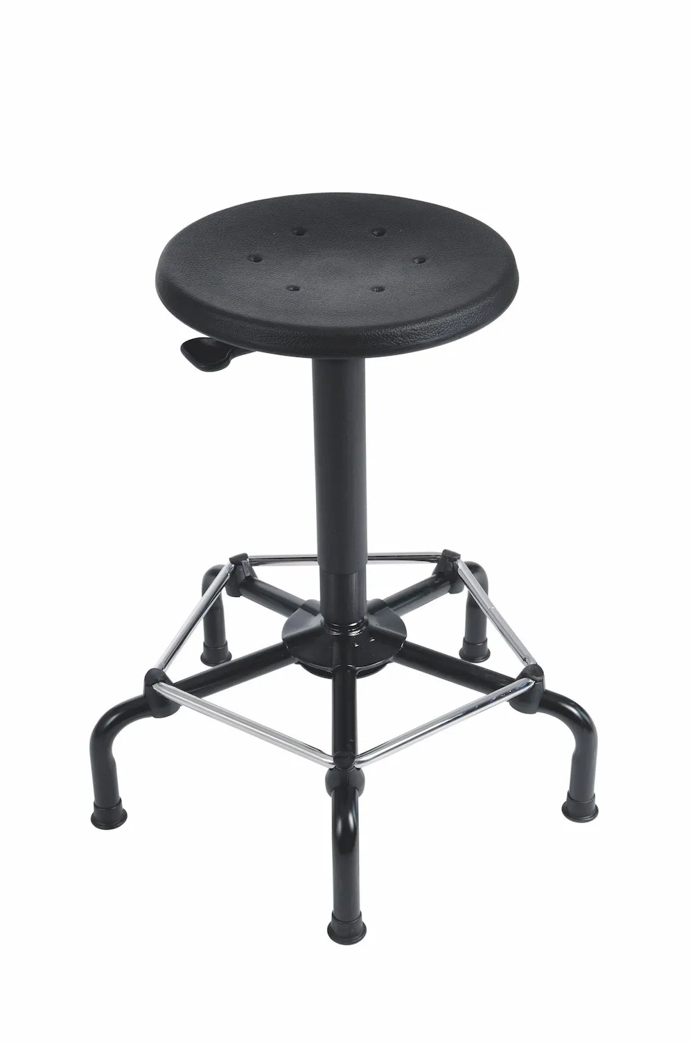 Drehhocker Atlanta | Sitzhöhe 56-75cm | Ø 63cm | Tragfähigkeit 110kg | Polyurethane-Sitz | Kunststof-Fußkreuz mit Gleiter & Fußstütze | Hebelauslösung | Schwarz