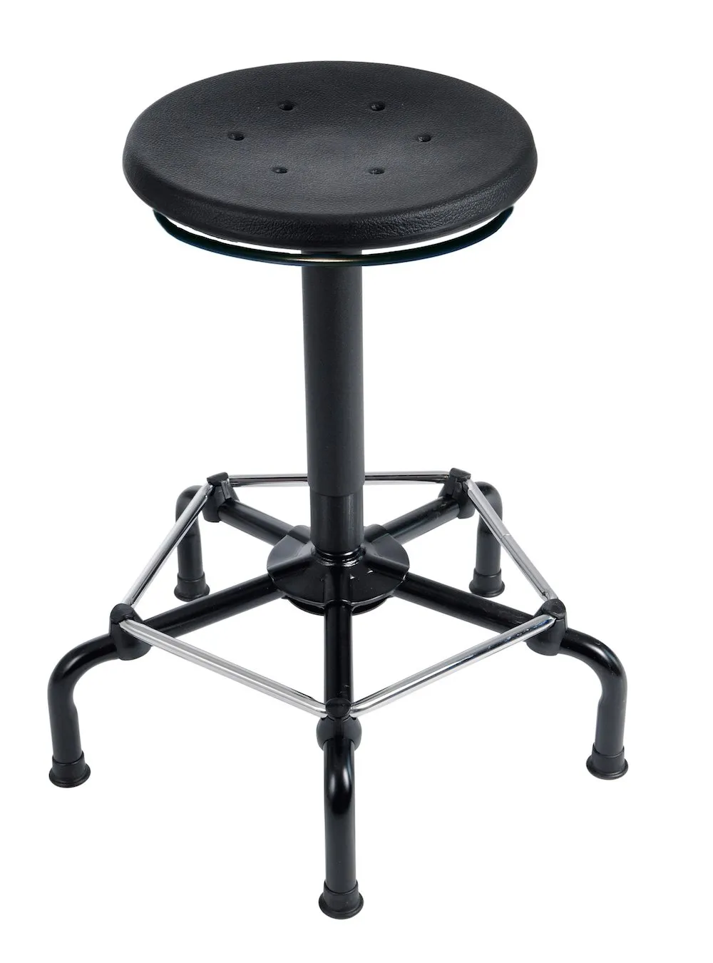 Drehhocker Atlanta | Sitzhöhe 56-75cm | Ø 63cm | Tragfähigkeit 110kg | Polyurethane-Sitz | Kunststof-Fußkreuz mit Gleiter & Fußstütze | Ringauslösung | Schwarz