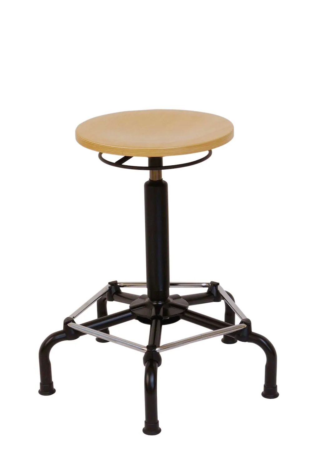 Drehhocker Atlanta | Sitzhöhe 57-76cm | Ø 63cm | Tragfähigkeit 110kg | Holz-Buche | Kunststof-Fußkreuz mit Gleiter & Fußstütze | Ringauslösung | Buche