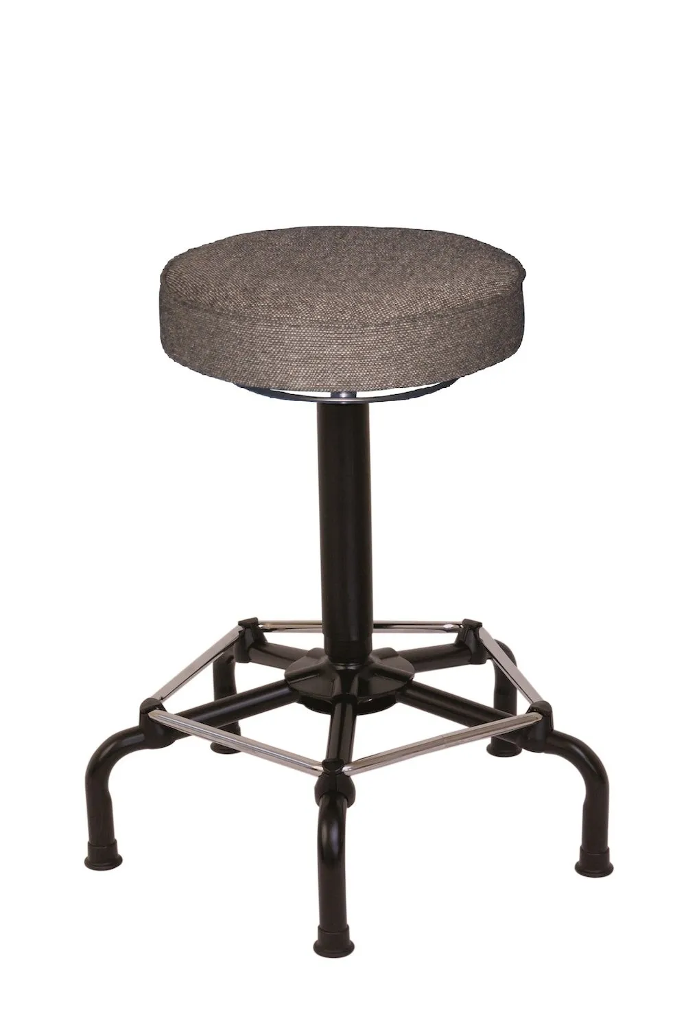 Drehhocker Atlanta | Sitzhöhe 65-84cm | Ø 63cm | Tragfähigkeit 110kg | Polstersitze | Kunststof-Fußkreuz mit Gleiter & Fußstütze | Ringauslösung | Anthrazit