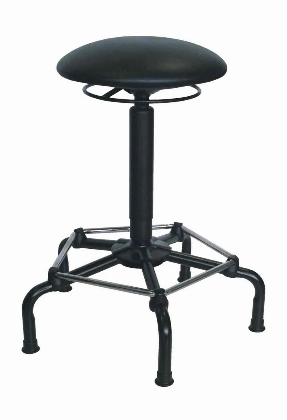 Drehhocker Atlanta | Sitzhöhe 65-84cm | Ø 63cm | Tragfähigkeit 110kg | Kunstleder-Sitz | Kunststof-Fußkreuz mit Gleiter & Fußstütze | Ringauslösung | Schwarz