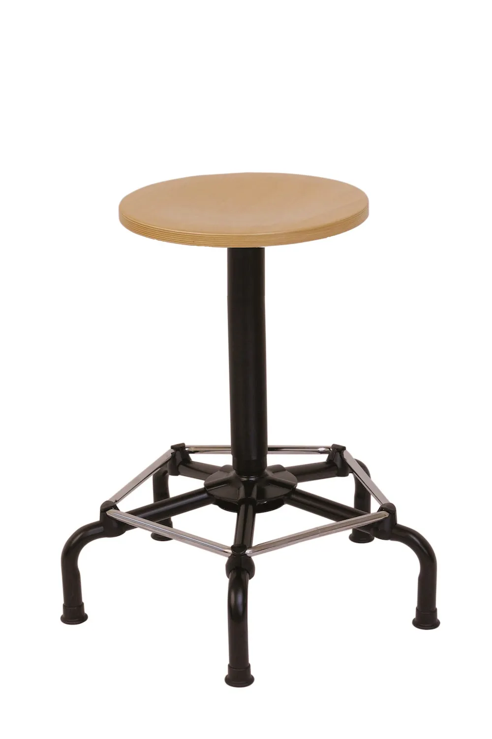 Drehspindel-Hocker Atlanta | Sitzhöhe 56-76cm | Ø 59cm | Tragfähigkeit 110kg | Holz-Buche | Stahl-Fußkreuz mit Fußstütze & Gleiter | Buche