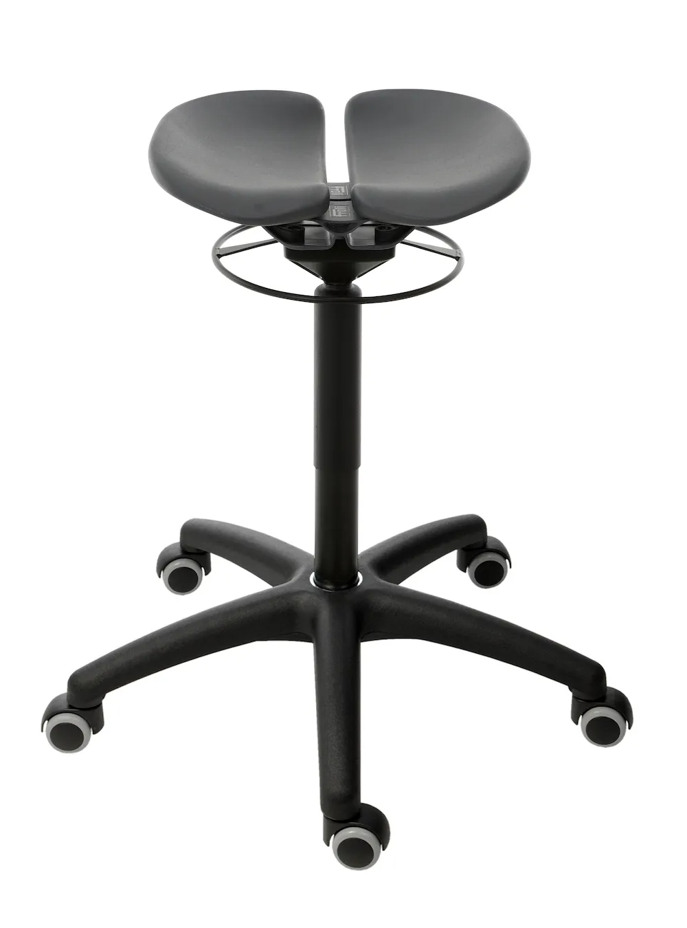 Zweiteiliger Hocker Kansas | Sitzhöhe 50-68cm | Ø 61cm | Tragfähigkeit 110kg | Kunststoff-Fußkreuz mit Doppelrollen | Schwarz/ Schiefergrau