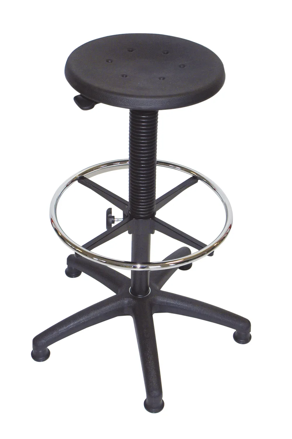 Universal-Hocker Louisville | Sitzhöhe 54-80cm | Ø 63cm | Tragfähigkeit 110kg | Polyurethane-Sitz | Kunststoff-Fußkreuz mit Gleiter | Schwarz