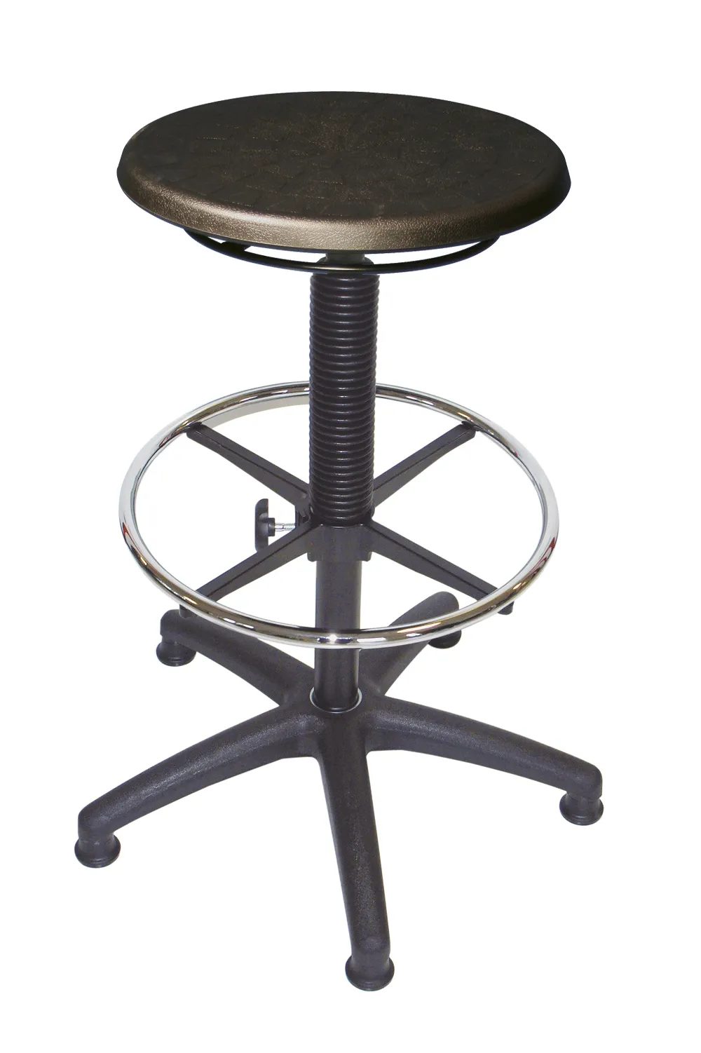 Universal-Hocker Louisville | Sitzhöhe 54-80cm | Ø 63cm | Tragfähigkeit 110kg | Polyurethane-Sitz | Kunststoff-Fußkreuz mit Fußring & Gleiter | Schwarz