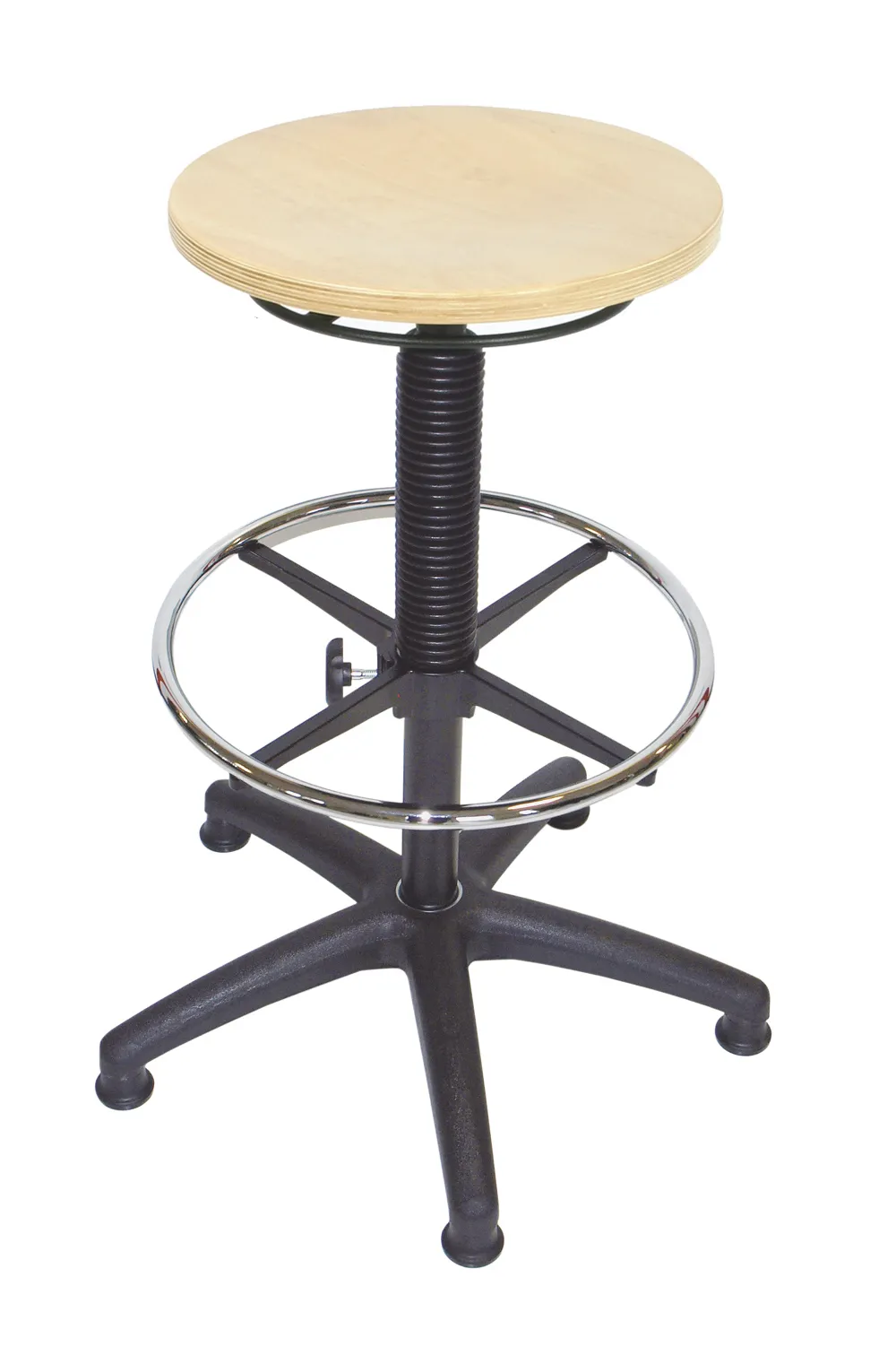 Universal-Hocker Louisville | Sitzhöhe 55-81cm | Ø 63cm | Tragfähigkeit 110kg | Buche-Sitz | Kunststoff-Fußkreuz mit Fußring & Gleiter | Buche