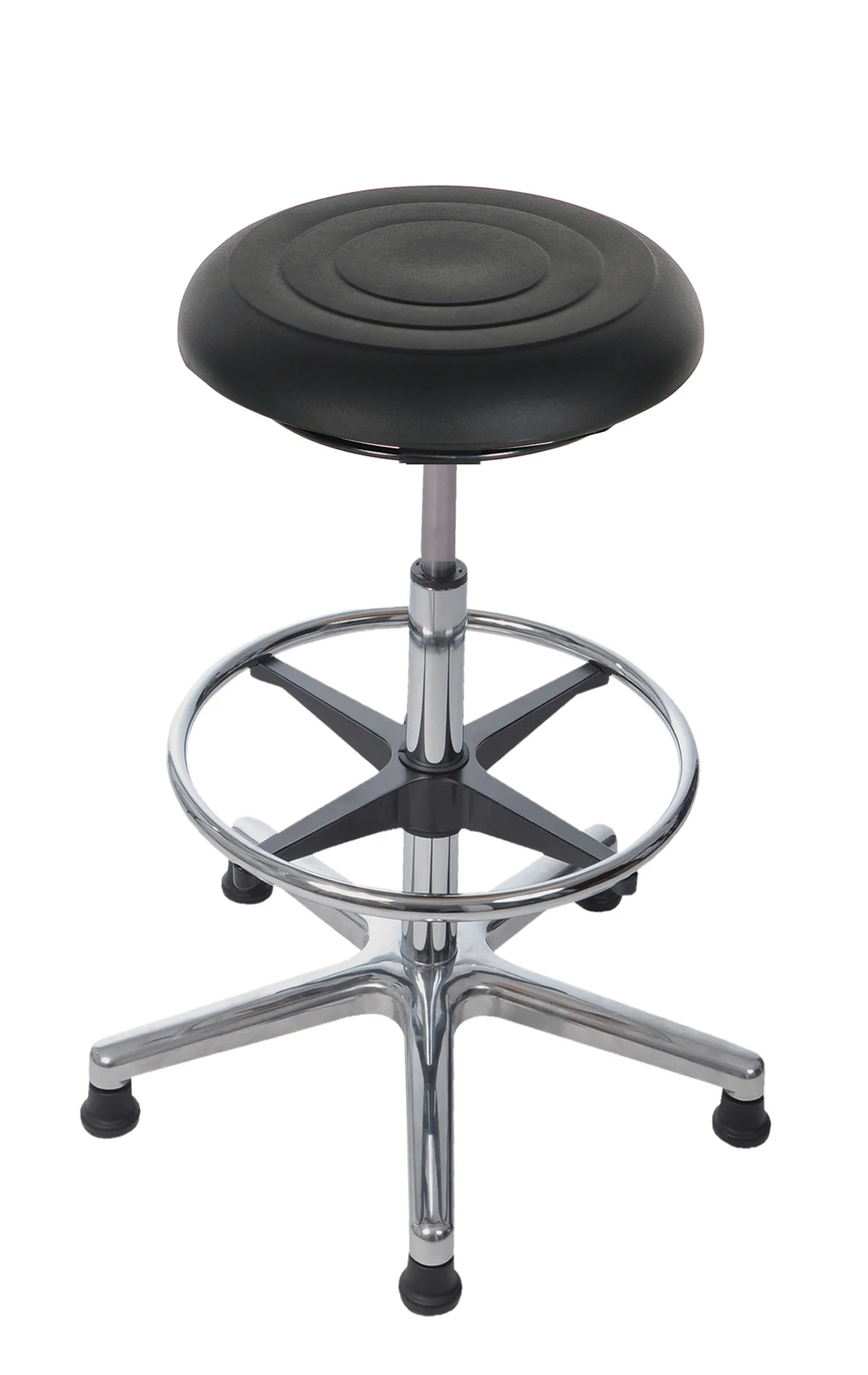 Drehhocker Atlanta | Sitzhöhe 42-61cm | Ø 61cm | Tragfähigkeit 110kg | Polyurethane-Soft Sitz | Aluminium-Fußkreuz mit Fußring & Gleiter | Ringauslösung | Schwarz