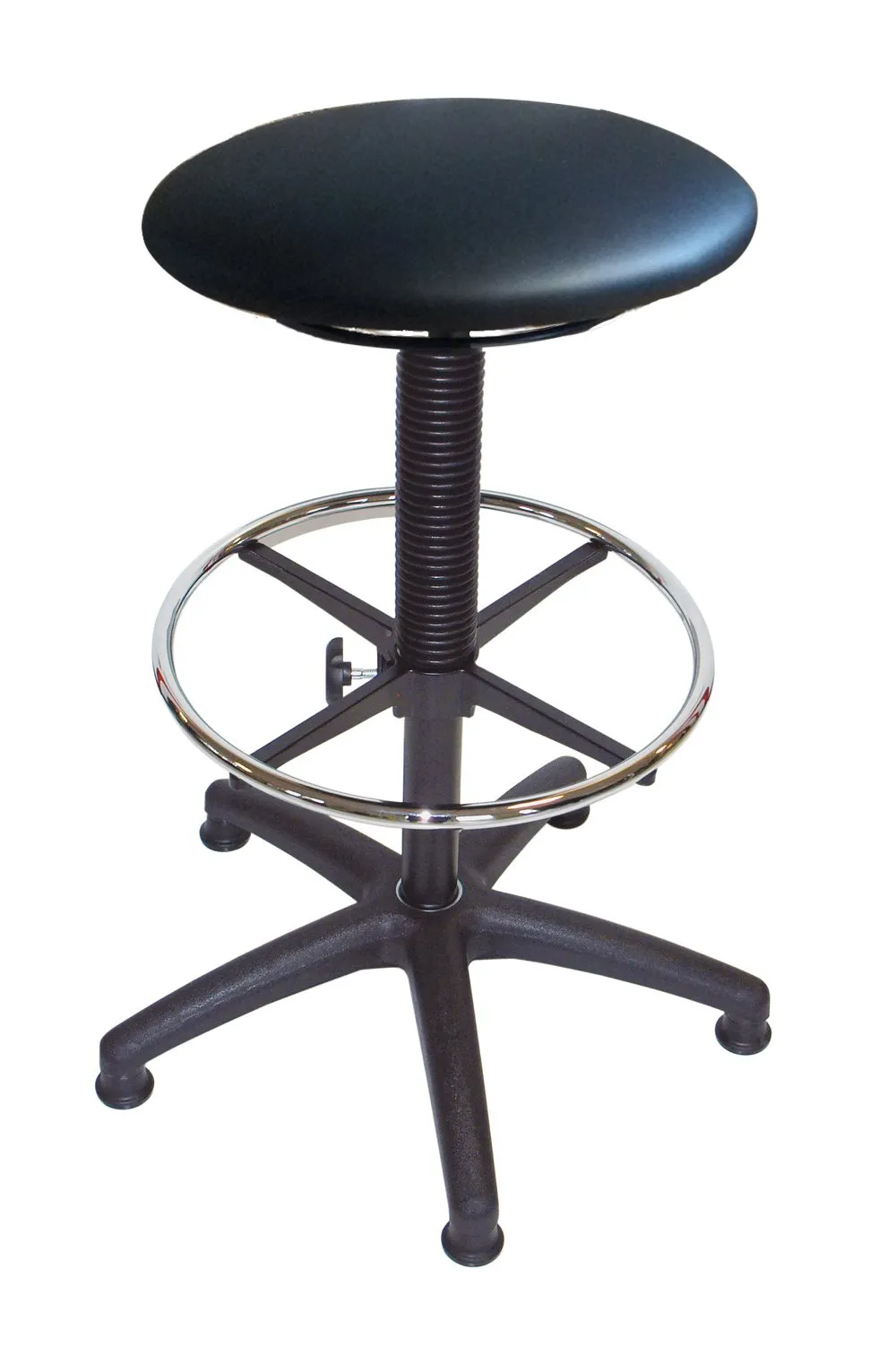 Universal-Hocker Louisville | Sitzhöhe 61-87cm | Ø 63cm | Tragfähigkeit 110kg | Kunstleder-Sitz | Kunststoff-Fußkreuz mit Fußring & Gleiter | Schwarz