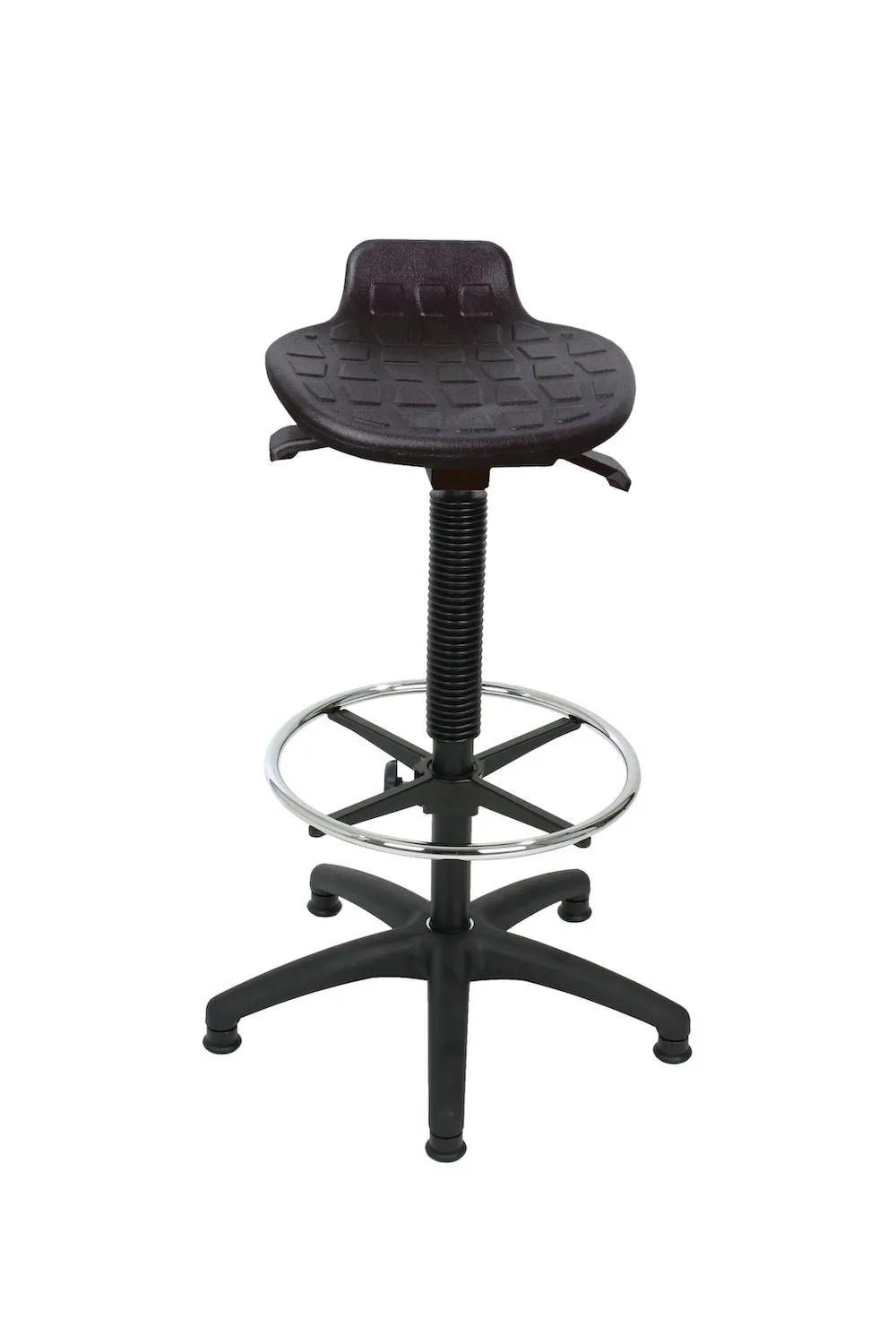 Stehhilfe Orlando | Sitzhöhe 55-81cm | Ø 63cm | Tragfähigkeit 110kg | Polyurethane-Sitz | Kunststoff-Fußkreuz mit Fußring & Gleiter | Schwarz