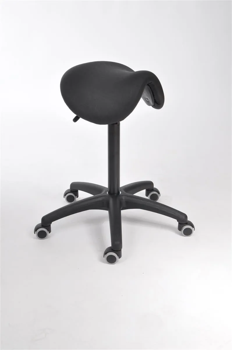 Sattelhocker Lexington mit multibeweglicher Sitzmechanik | Sitzhöhe 52-71cm | Ø 63cm | Tragfähigkeit 110kg | Kunstleder-Sitz | Kunststoff-Fußkreuz mit Rollen | Schwarz