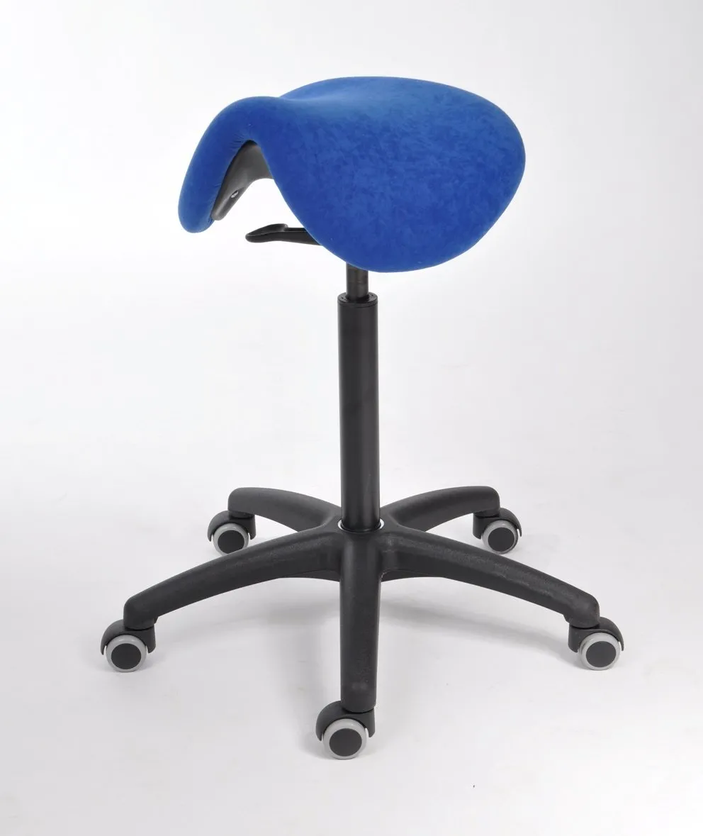 Sattelhocker Lexington mit Sitzneige | Sitzhöhe 49-68cm | Ø 63cm | Tragfähigkeit 110kg | Polstersitze | Kunststoff-Fußkreuz mit Rollen | Blau