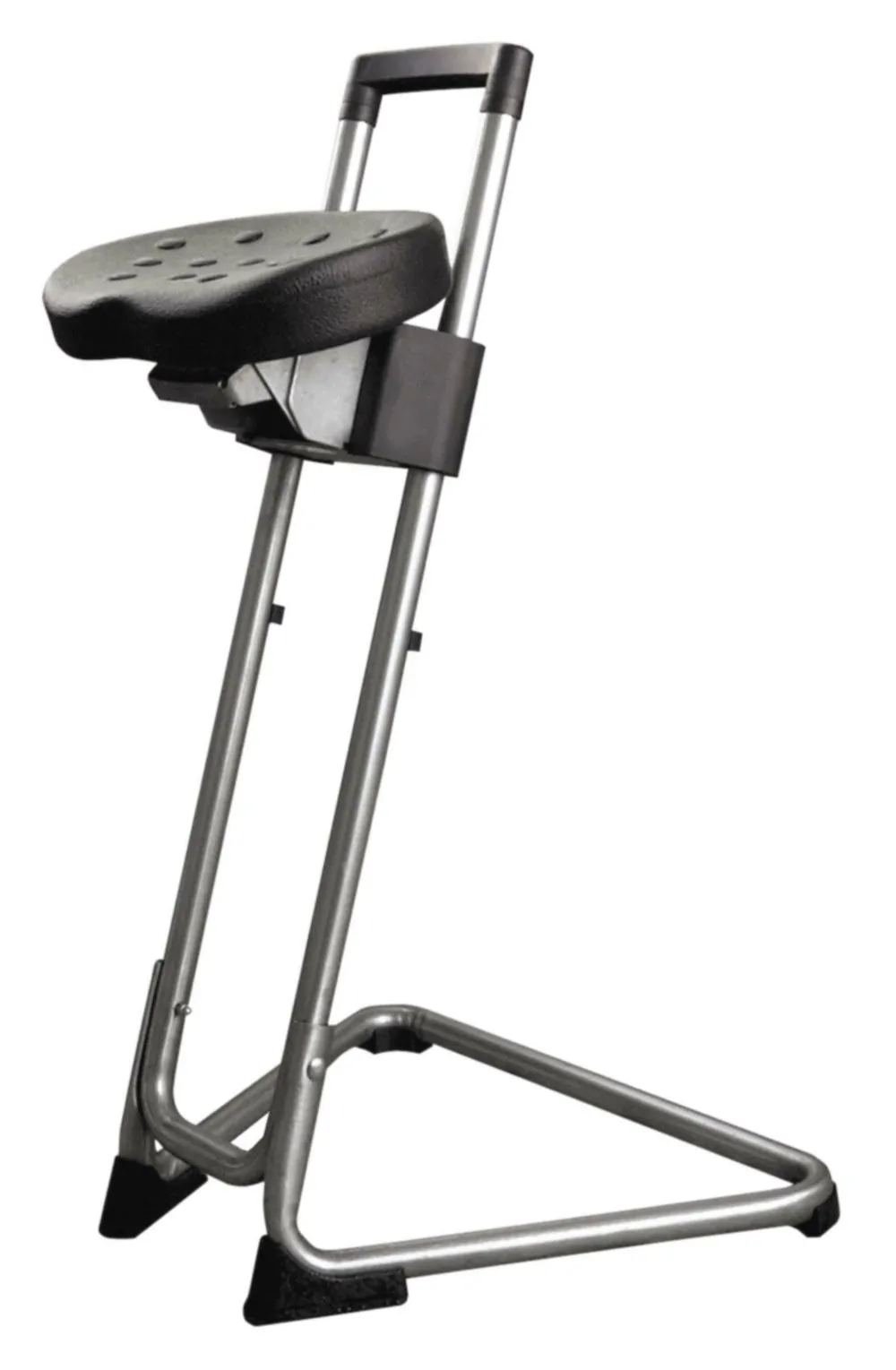 Antistatische Stehhilfe San Diego mit ESD-Sitz | Sitzhöhe 60-85cm | Tragfähigkeit 110kg | Polyurethane-Sitz | mit Stahlrohrgestell | Edelstahl/Schwarz