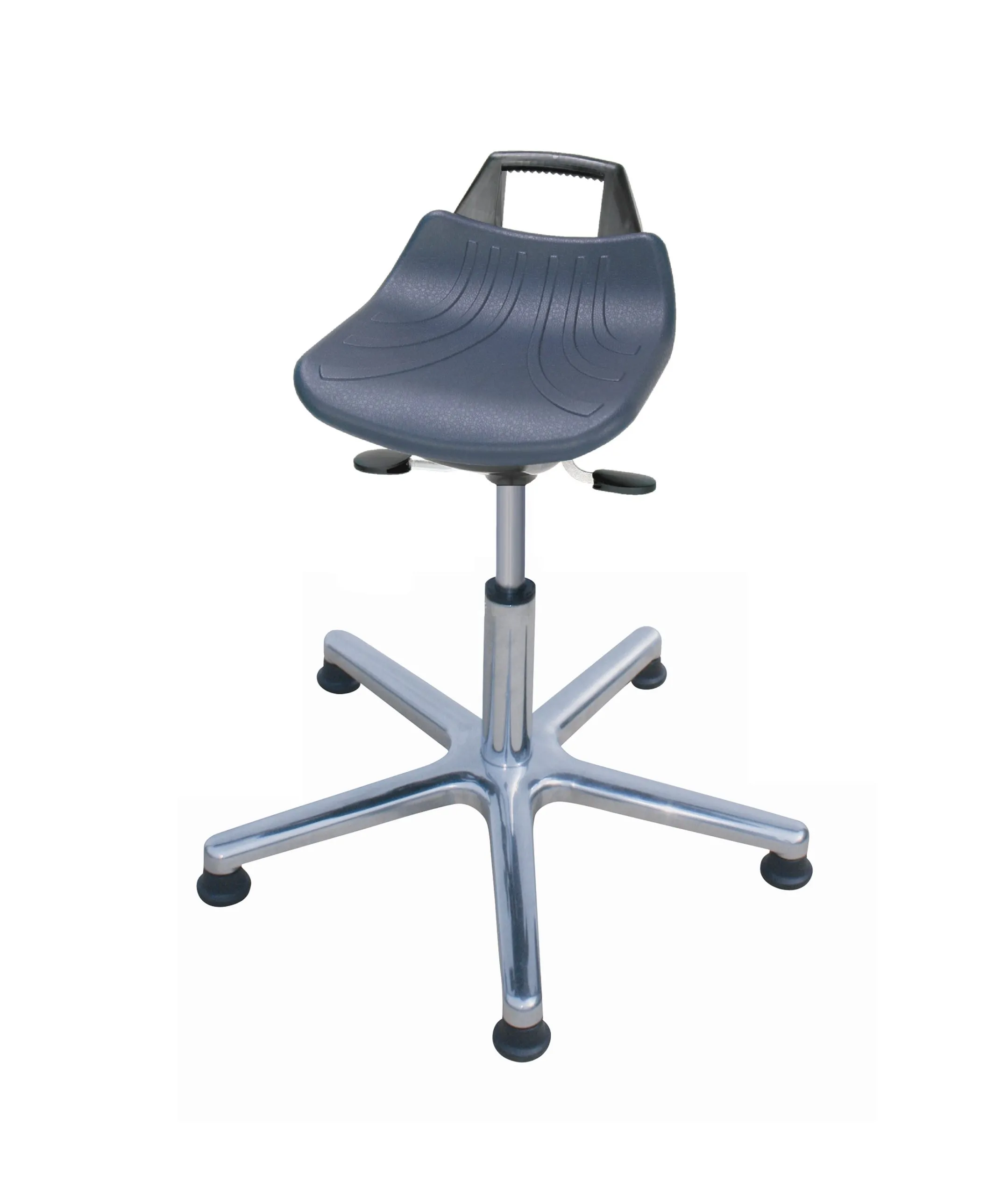 Stehhilfe Denver | Sitzhöhe 53-72cm | Ø 63cm | Tragfähigkeit 110kg | Aluminium-Fußkreuz mit Gleiter | mit hochgezogener Rückenstütze und Tragegriff | Blau