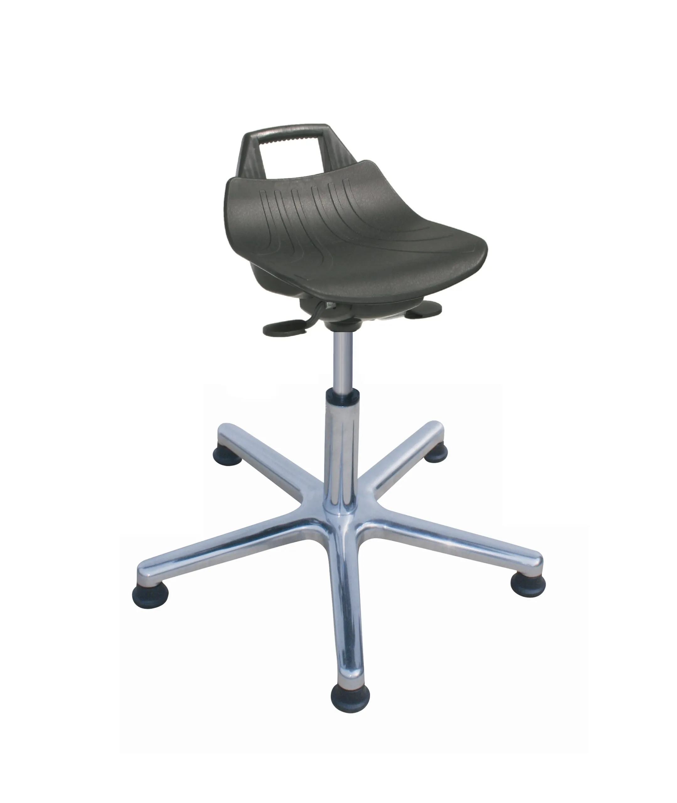 Stehhilfe Denver | Sitzhöhe 53-72cm | Ø 63cm | Tragfähigkeit 110kg | Aluminium-Fußkreuz mit Gleiter | mit hochgezogener Rückenstütze und Tragegriff | Schwarz