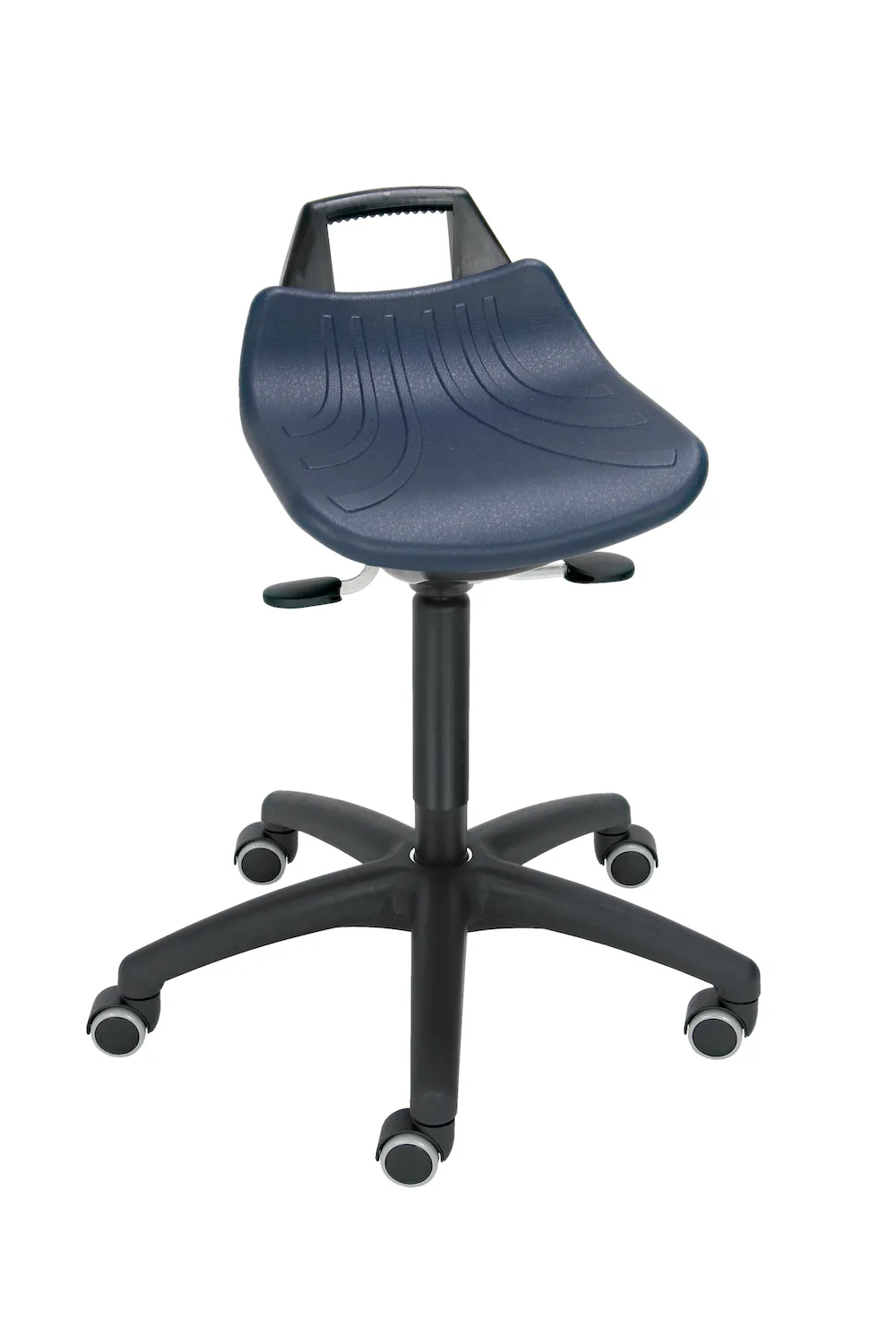 Hocker Denver | Sitzhöhe 52-71cm | Ø 63cm | Tragfähigkeit 110kg | Kunststoff-Fußkreuz mit Rollen | mit hochgezogener Rückenstütze und Tragegriff | Blau