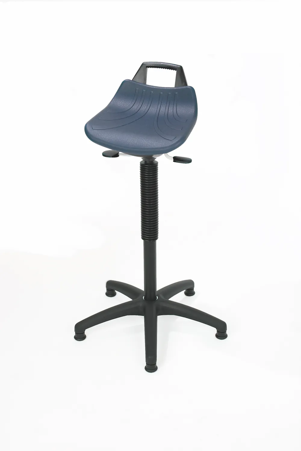 Stehhilfe Denver Hoch | Sitzhöhe 61-86cm | Ø 63cm | Tragfähigkeit 110kg | Kunststoff-Fußkreuz mit Gleiter | mit hochgezogener Rückenstütze und Tragegriff | Blau