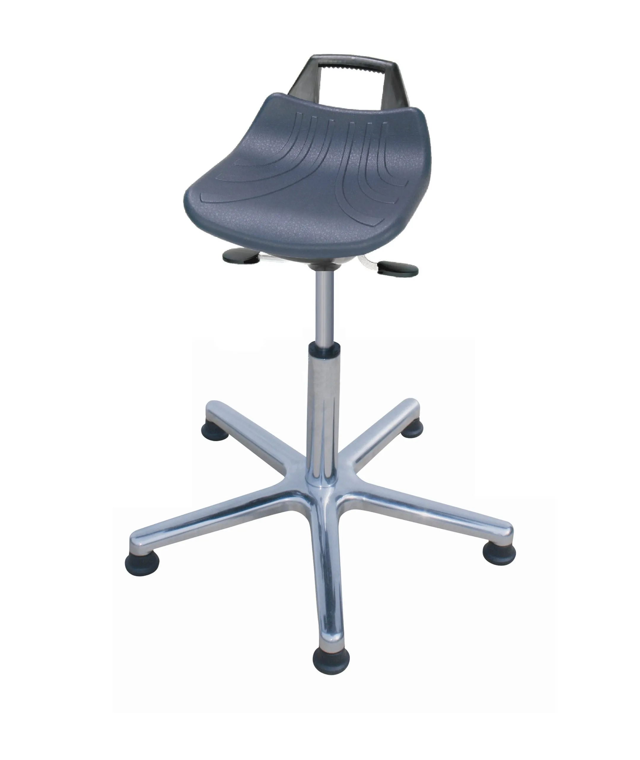 Stehhilfe Denver Hoch | Sitzhöhe 59 - 83cm | Ø 63cm | Tragfähigkeit 110kg | Aluminium-Fußkreuz mit Gleiter | mit hochgezogener Rückenstütze und Tragegriff | Blau