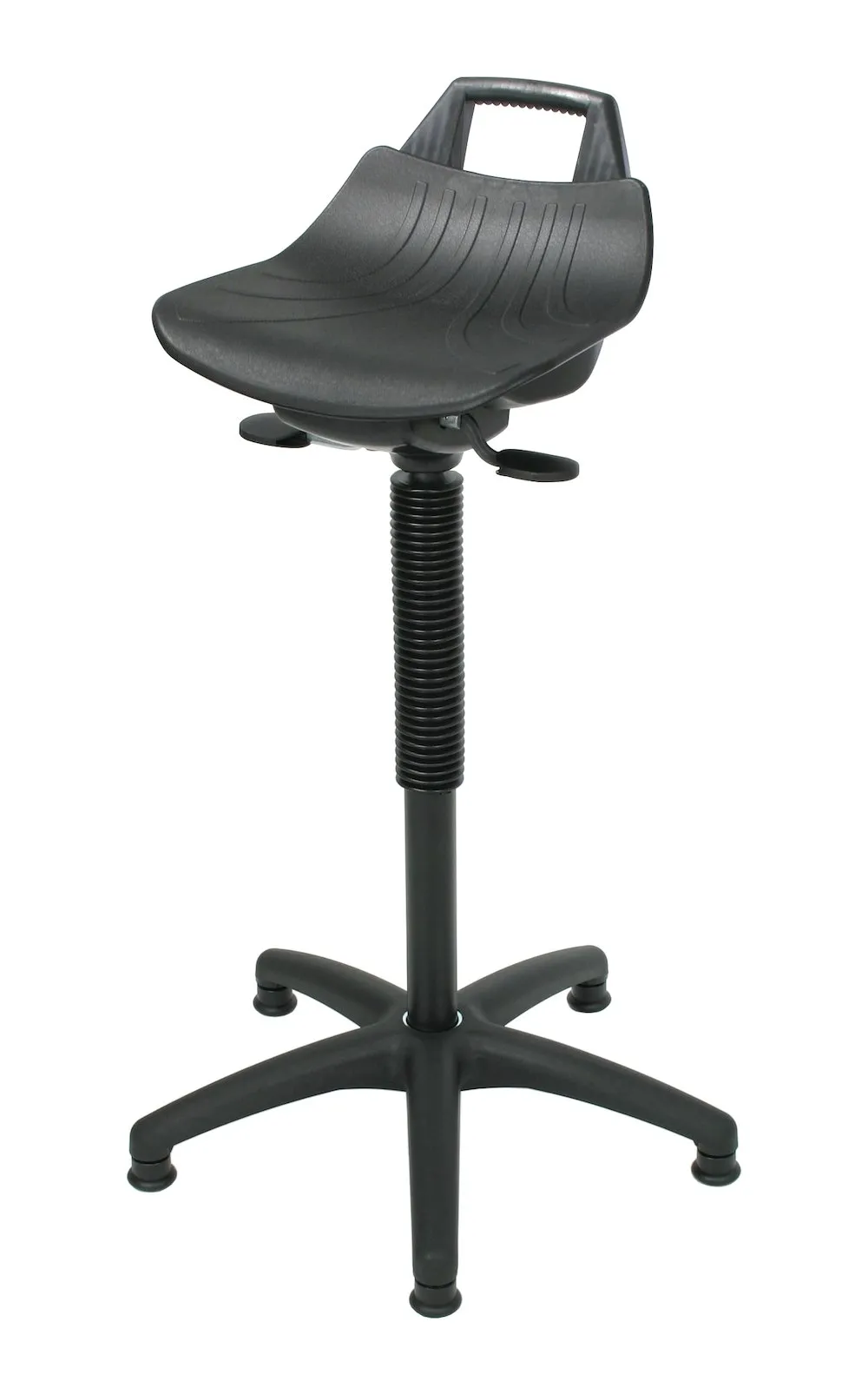 Stehhilfe Denver Hoch | Sitzhöhe 61-86cm | Ø 63cm | Tragfähigkeit 110kg | Kunststoff-Fußkreuz mit Gleiter | mit hochgezogener Rückenstütze und Tragegriff | Schwarz