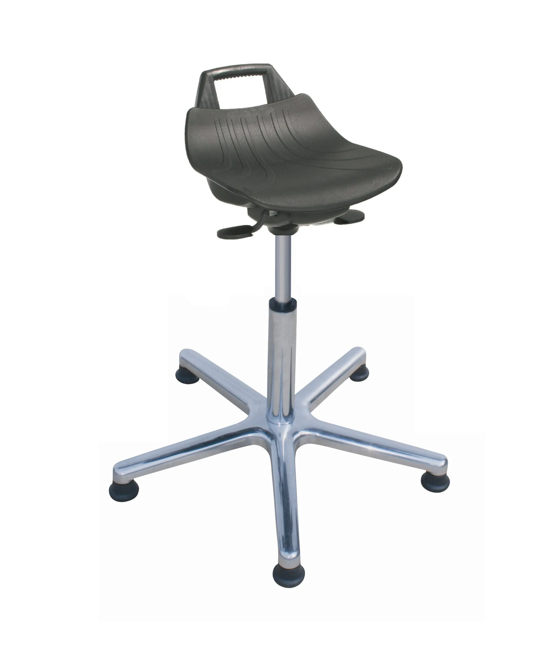 Stehhilfe Denver Hoch | Sitzhöhe 59 - 83cm | Ø 63cm | Tragfähigkeit 110kg | Aluminium-Fußkreuz mit Gleiter | mit hochgezogener Rückenstütze und Tragegriff | Schwarz