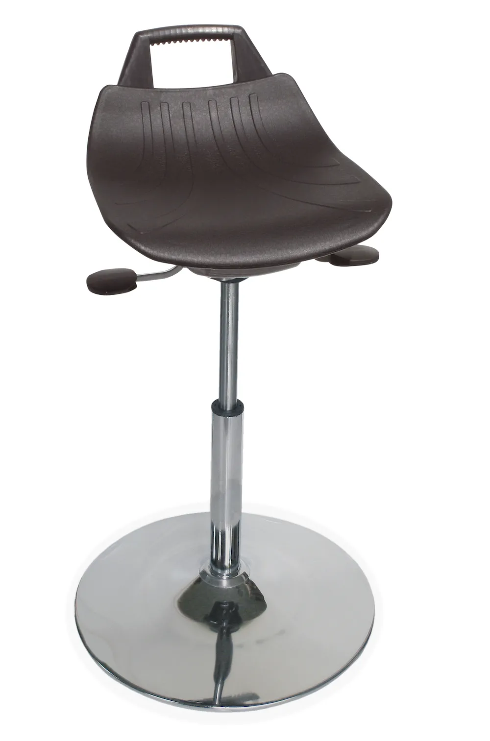 Stehhilfe/Hocker Denver Hoch | Sitzhöhe 56-82cm | Ø 50cm | Tragfähigkeit 110kg | Polyurethane-Sitz | Stahl-Tellerfuß | mit hochgezogener Rückenstütze und Tragegriff | Schwarz