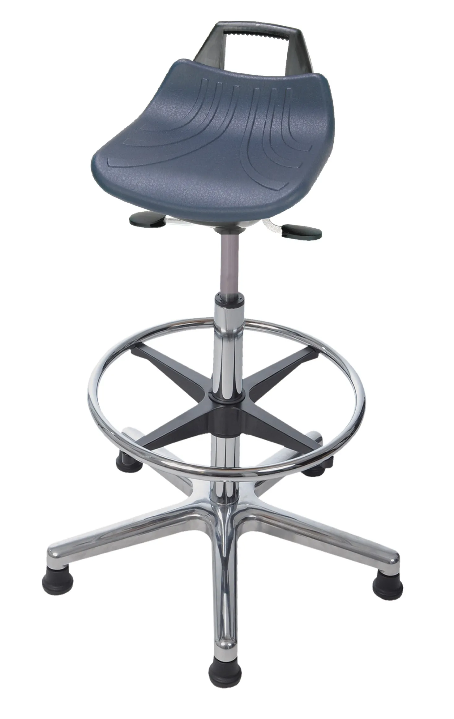 Stehhilfe Denver Hoch | Sitzhöhe 58 - 83cm | Ø 63cm | Tragfähigkeit 110kg | Aluminium-Fußkreuz mit Fußring & Gleiter | mit hochgezogener Rückenstütze und Tragegriff | Blau