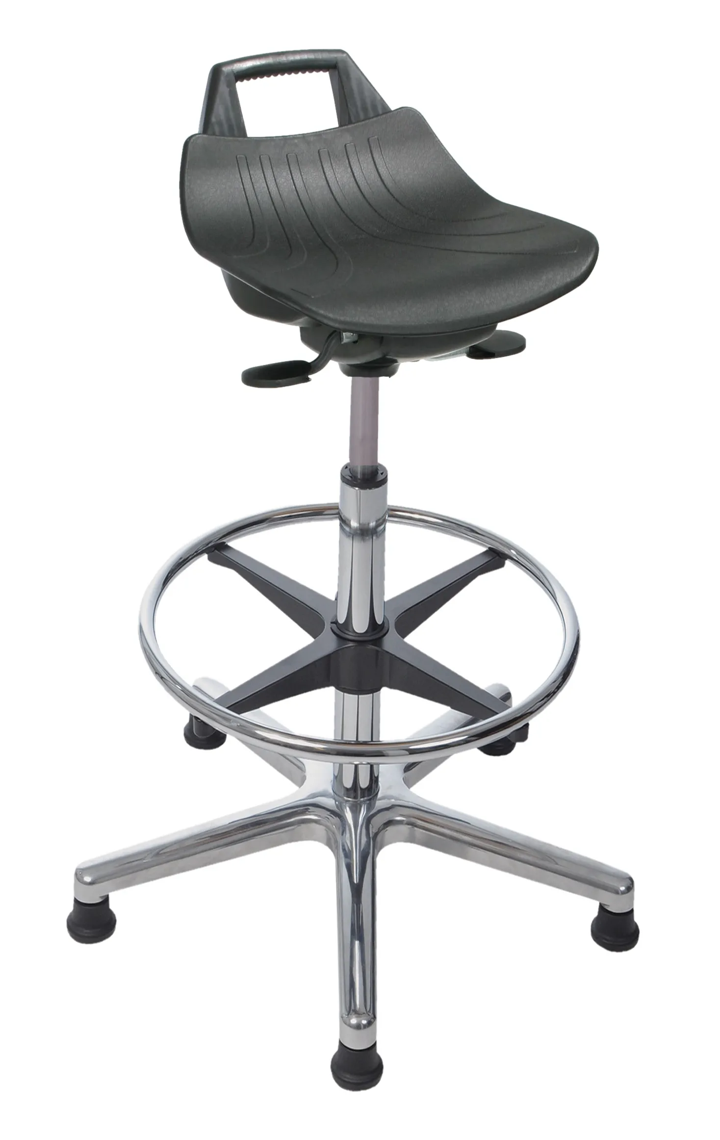 Stehhilfe Denver Hoch | Sitzhöhe 58 - 83cm | Ø 63cm | Tragfähigkeit 110kg | Aluminium-Fußkreuz mit Fußring & Gleiter | mit hochgezogener Rückenstütze und Tragegriff | Schwarz