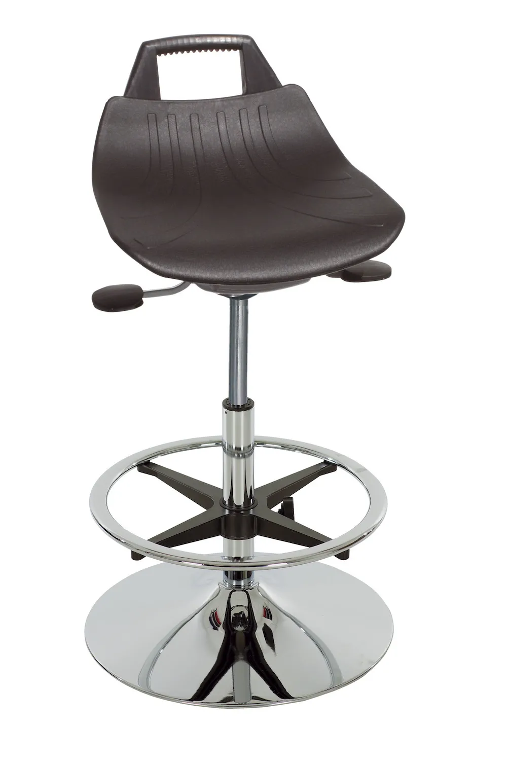 Stehhilfe/Hocker Denver Hoch | Sitzhöhe 56-82cm | Ø 50cm | Tragfähigkeit 110kg | Polyurethane-Sitz | Stahl-Tellerfuß mit Fußring | mit hochgezogener Rückenstütze und Tragegriff | Schwarz