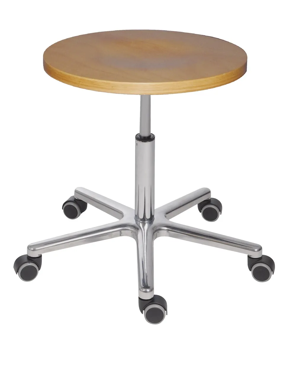 Belastbarer Hocker Stockton | Sitzhöhe 47-65cm | Ø 40cm | Tragfähigkeit 180kg | Buche-Sitz | Aluminium-Fußkreuz mit Doppelrollen | Silber/Buche