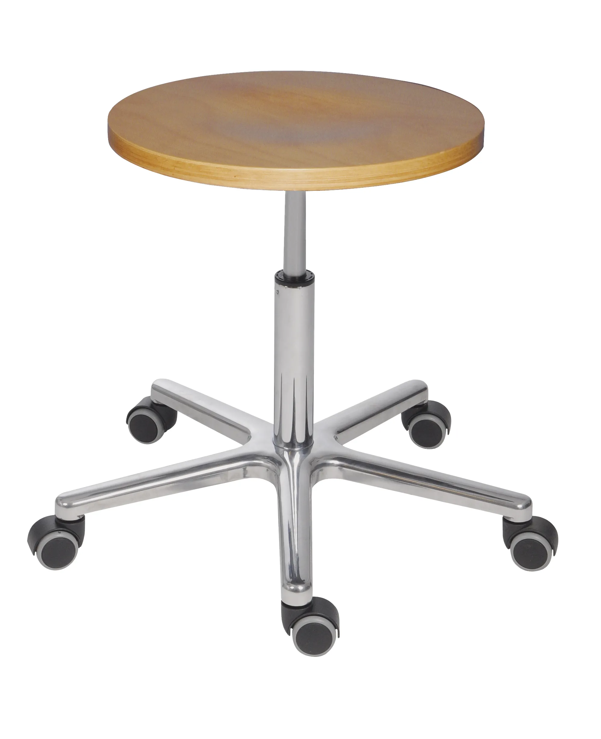 Belastbarer Hocker Stockton | Sitzhöhe 47-65cm | Ø 36cm | Tragfähigkeit 180kg | Buche-Sitz | Aluminium-Fußkreuz mit Doppelrollen | Silber/Buche