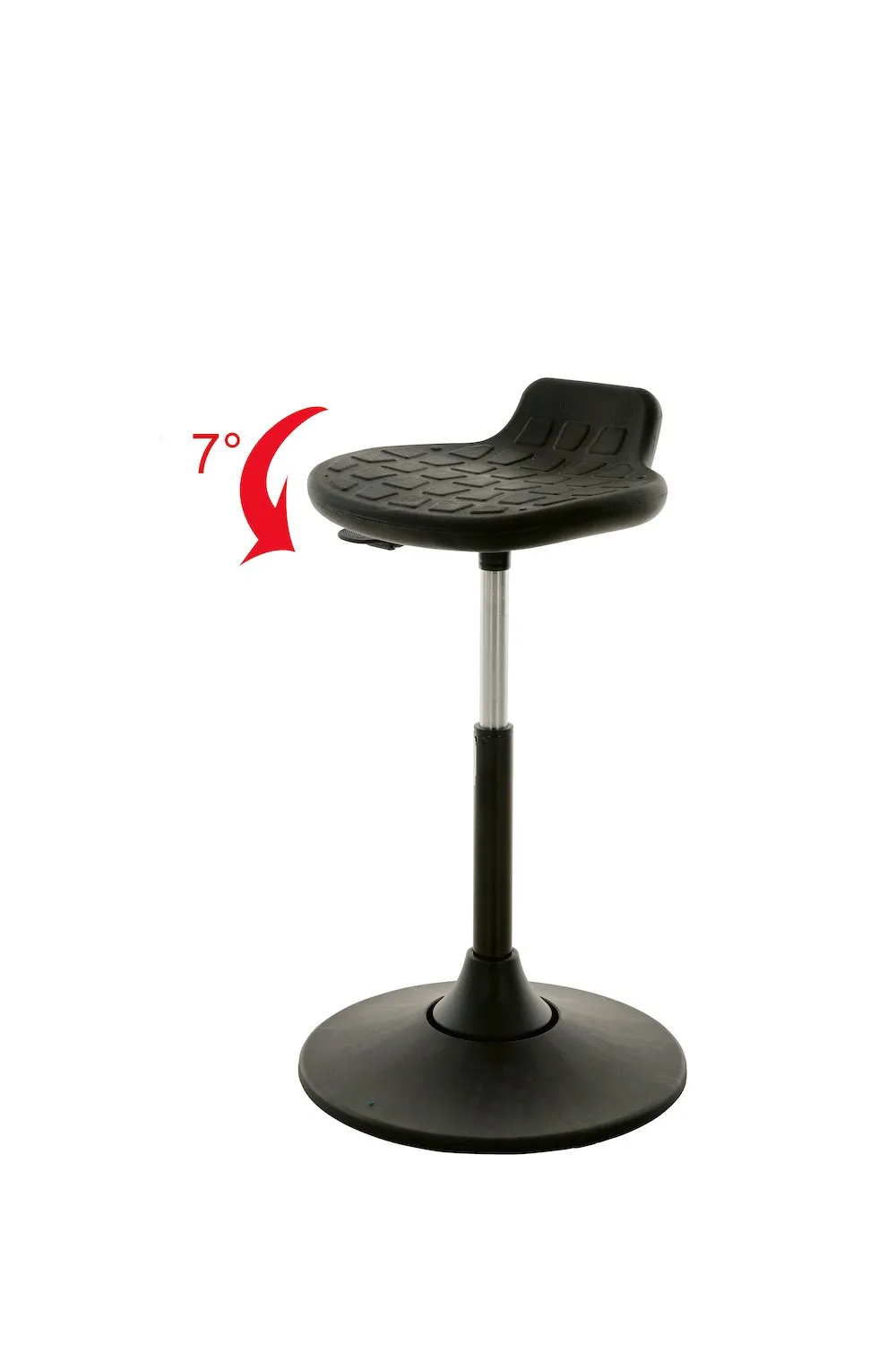 Multibeweglicher Drehhocker Orlando | Sitzhöhe 49-68cm | Ø 40cm | Tragfähigkeit 110kg | Polyurethane Sitz & Kunststoff-Tellerfuß | mit Sitzneigung & kliener Rückenstütze | Schwarz