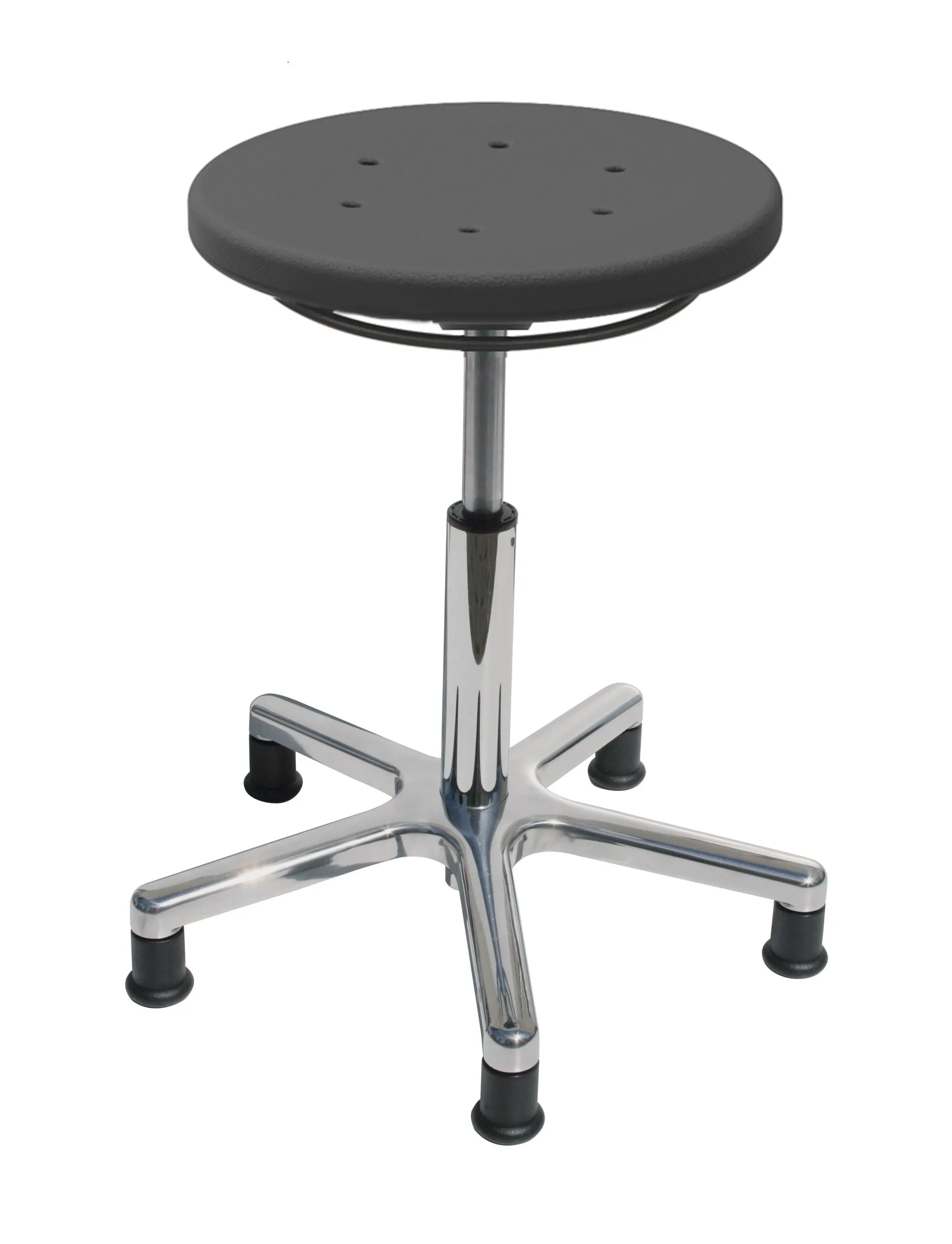 Drehhocker Atlanta | Sitzhöhe 46-64cm | Ø 53cm | Tragfähigkeit 110kg | Polyurethane-Sitz | Aluminium-Fußkreuz mit Gleiter | Ringauslösung | Schwarz