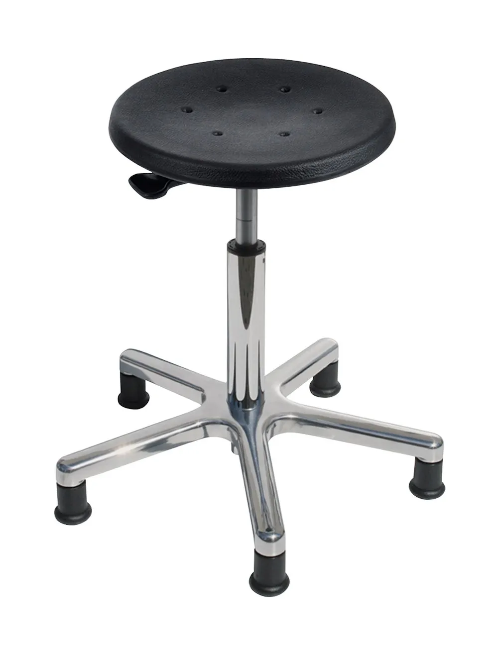 Drehhocker Atlanta | Sitzhöhe 46-64cm | Ø 53cm | Tragfähigkeit 110kg | Polyurethane-Sitz | Aluminium-Fußkreuz mit Gleiter | Hebelauslösung | Schwarz