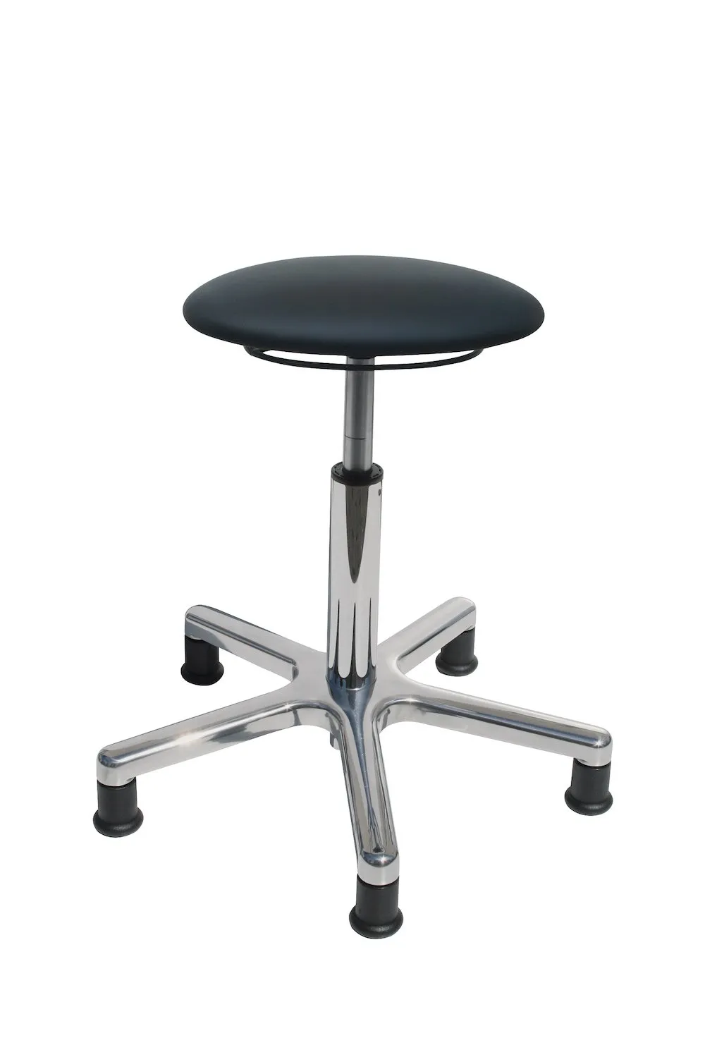 Drehhocker Atlanta | Sitzhöhe 55-73cm | Ø 53cm | Tragfähigkeit 110kg | Kunstleder-Sitz | Aluminium-Fußkreuz mit Gleiter | Ringauslösung | Schwarz