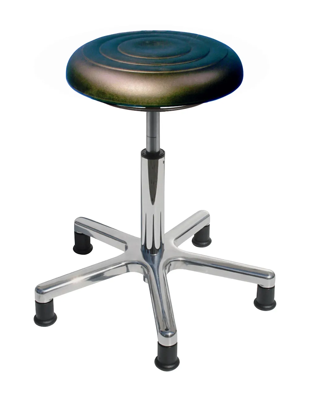 Drehhocker Atlanta | Sitzhöhe 48-66cm | Ø 53cm | Tragfähigkeit 110kg | Polyurethane-Soft Sitz | Aluminium-Fußkreuz mit Gleiter | Ringauslösung | Schwarz