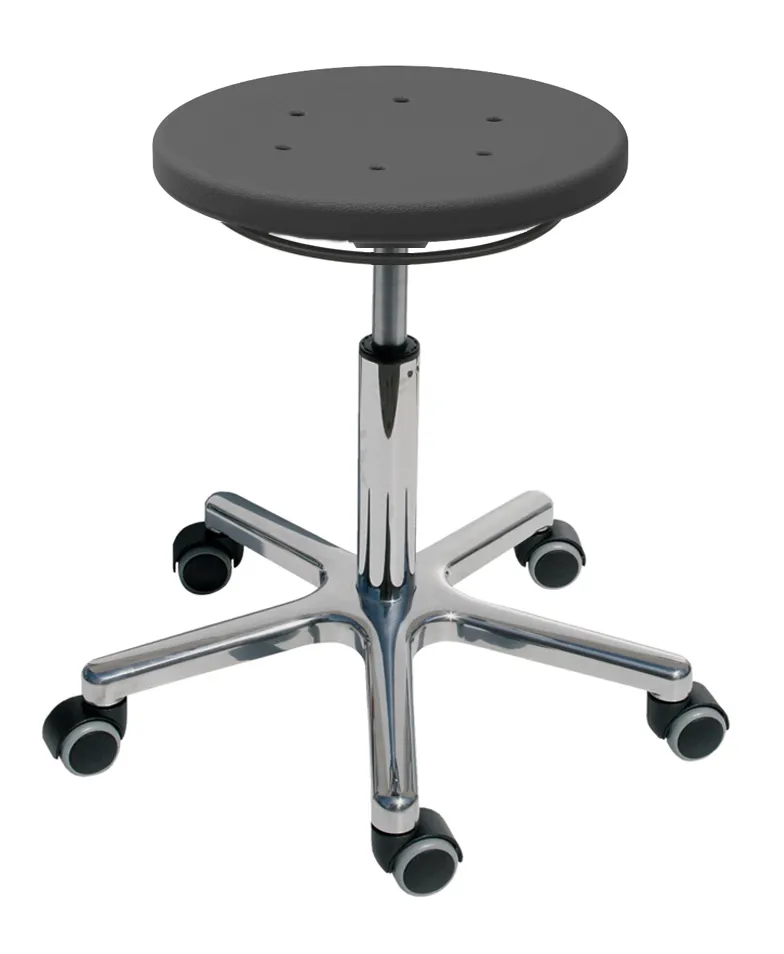 Drehhocker Atlanta | Sitzhöhe 46-64cm | Ø 53cm | Tragfähigkeit 110kg | Polyurethane-Sitz | Aluminium-Fußkreuz mit Rollen | Ringauslösung | Schwarz