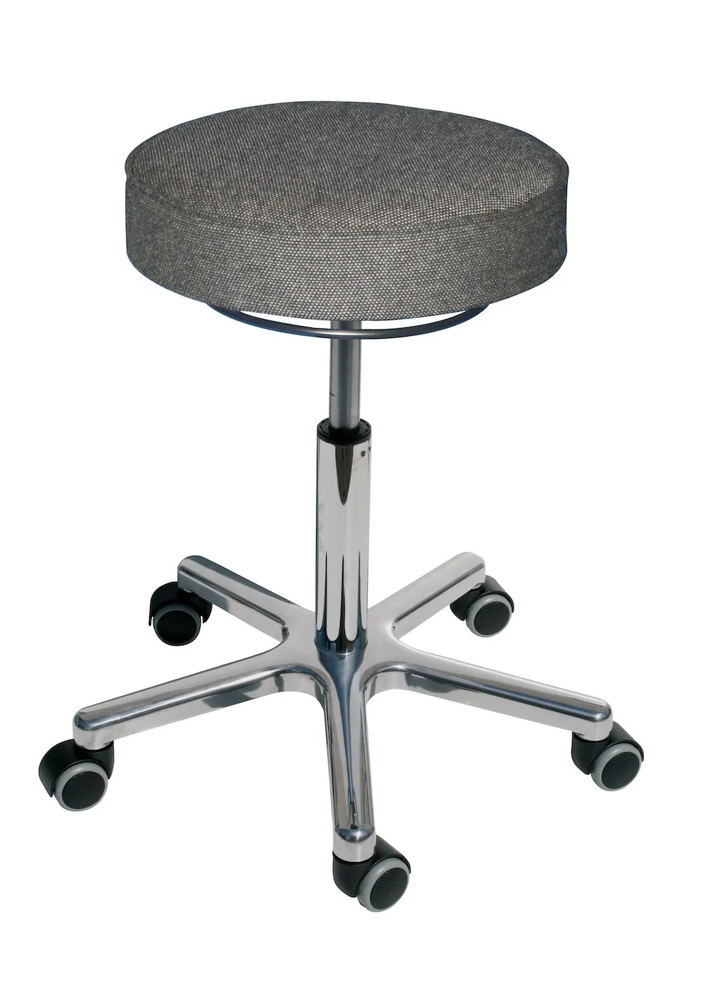 Drehhocker Atlanta | Sitzhöhe 55-73cm | Ø 53cm | Tragfähigkeit 110kg | Polstersitze | Aluminium-Fußkreuz mit Rollen | Ringauslösung | Anthrazit